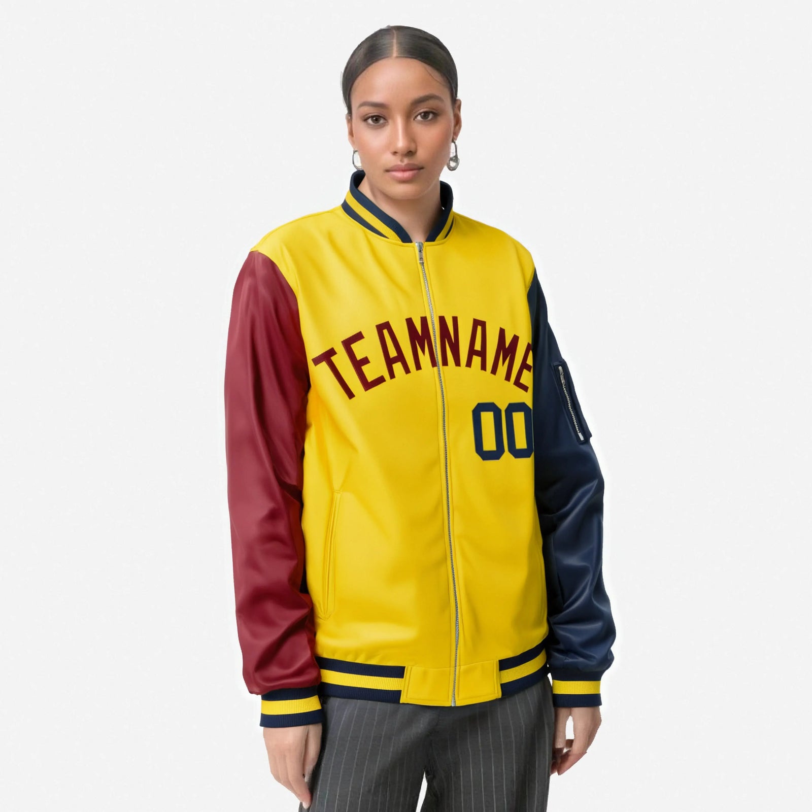 Custom Gold Navy-Crimson Varsity Full-Zip Raglan Sleeves Letterman Bomber Jacket