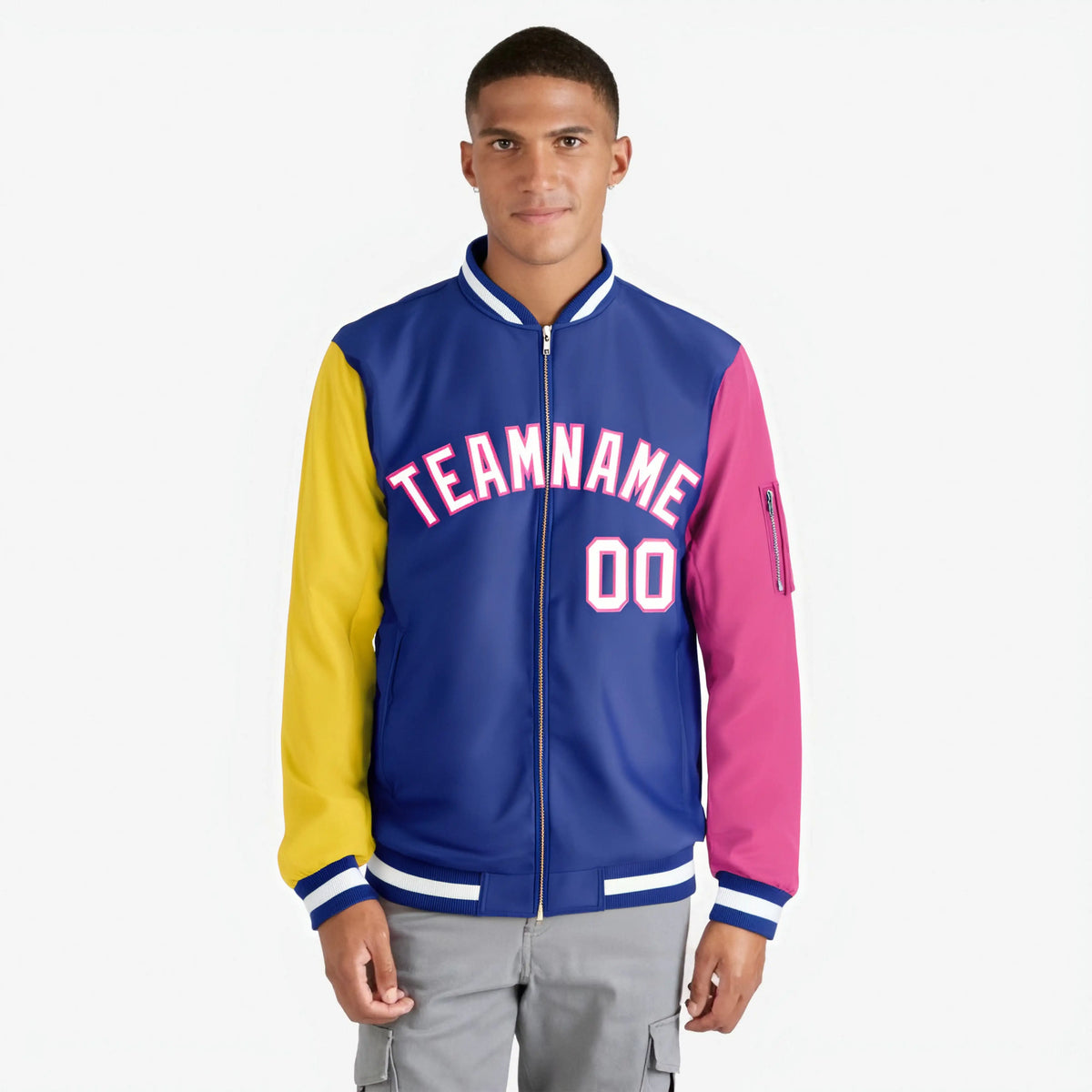 Custom Royal Blue Pink-Gold Varsity Full-Zip Raglan Sleeves Letterman Bomber Jacket