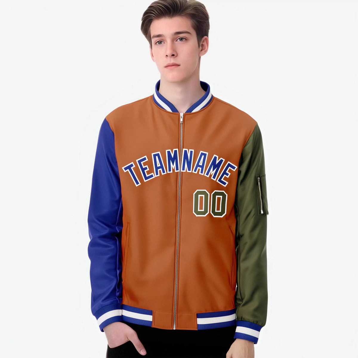 Custom Munsell Olive-Royal Blue Varsity Full-Zip Raglan Sleeves Letterman Bomber Jacket