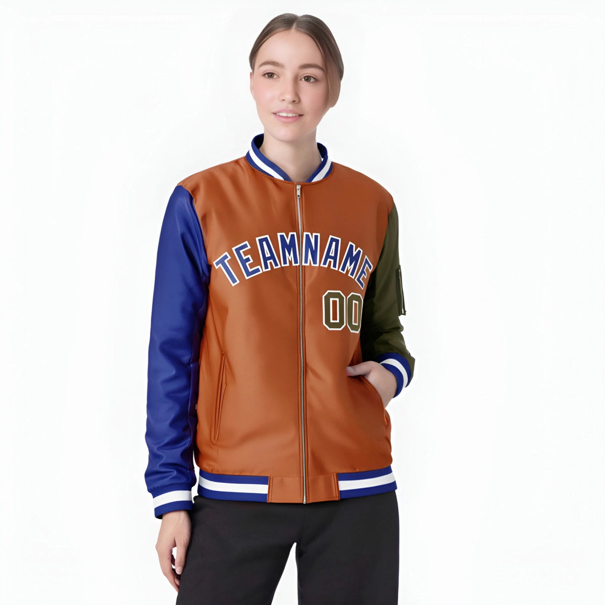 Custom Munsell Olive-Royal Blue Varsity Full-Zip Raglan Sleeves Letterman Bomber Jacket