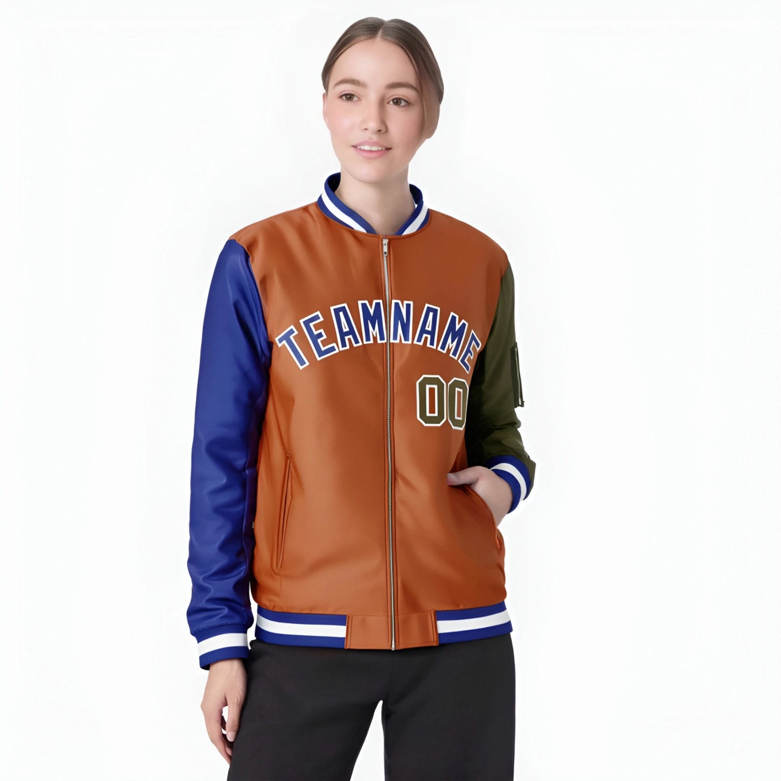 Custom Munsell Olive-Royal Blue Varsity Full-Zip Raglan Sleeves Letterman Bomber Jacket