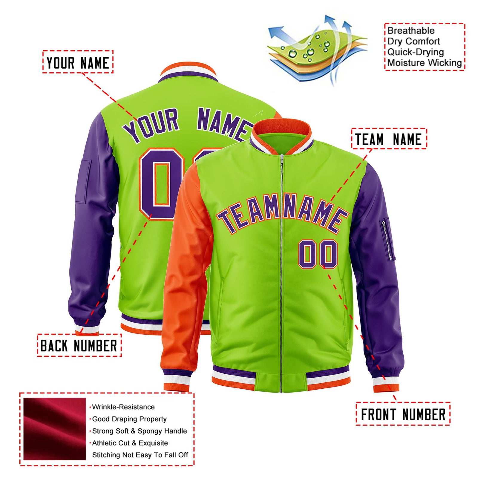 Custom Neon Green Purple-Orange Varsity Full-Zip Raglan Sleeves Letterman Bomber Jacket