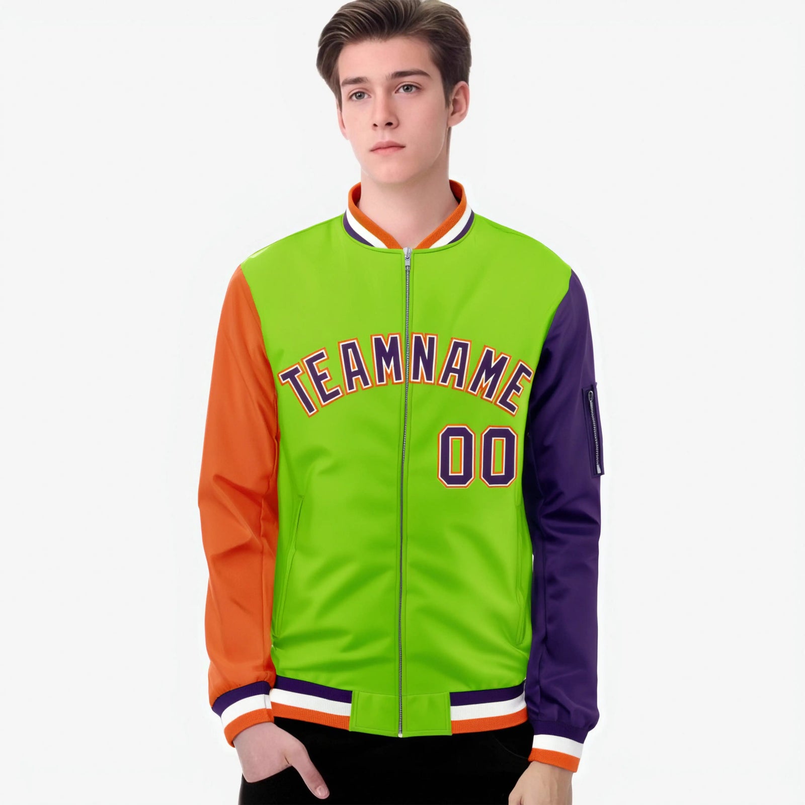 Custom Neon Green Purple-Orange Varsity Full-Zip Raglan Sleeves Letterman Bomber Jacket