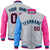 Custom Gray Pink-Royal Blue Varsity Full-Zip Raglan Sleeves Letterman Bomber Jacket