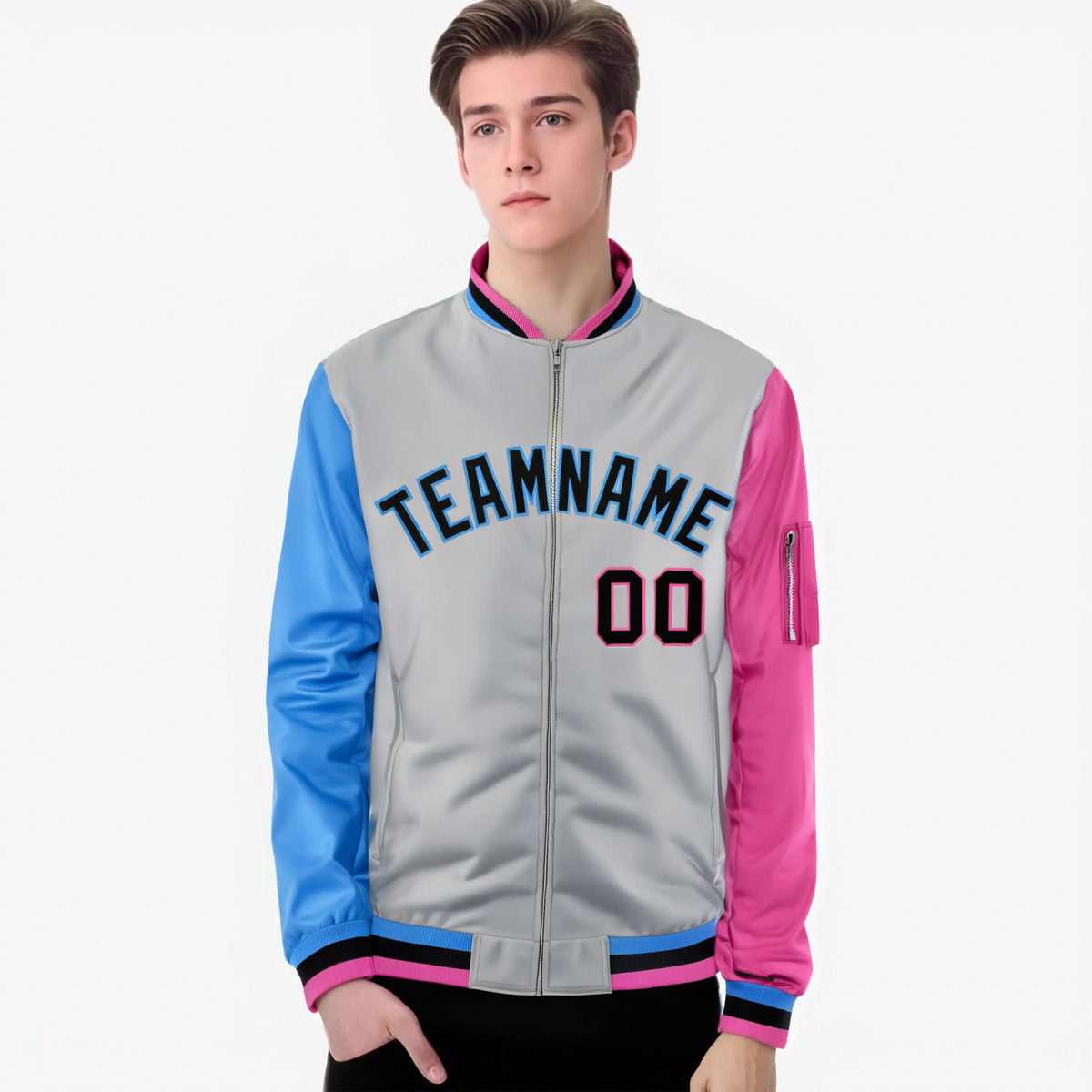 Custom Gray Pink-Royal Blue Varsity Full-Zip Raglan Sleeves Letterman Bomber Jacket