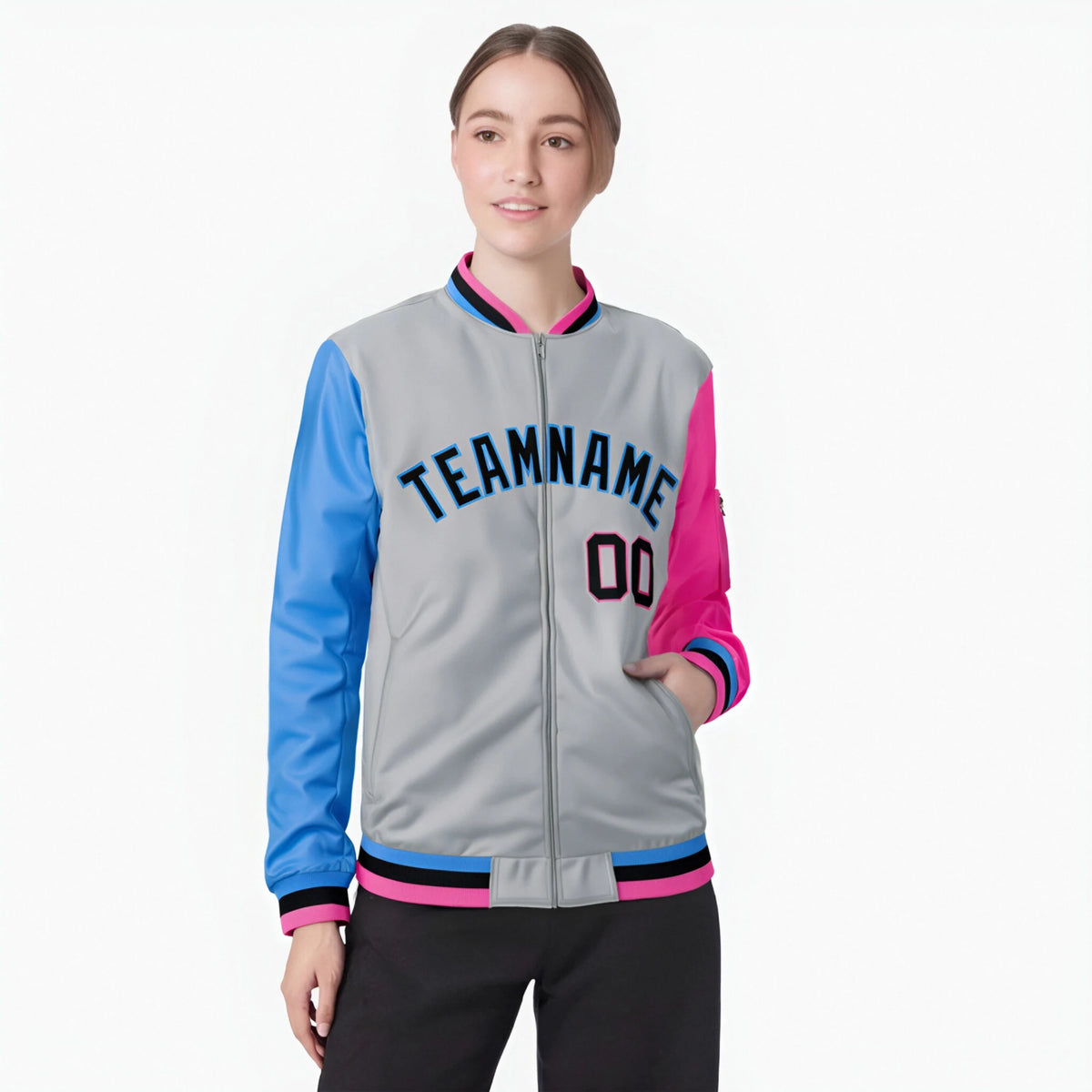 Custom Gray Pink-Royal Blue Varsity Full-Zip Raglan Sleeves Letterman Bomber Jacket