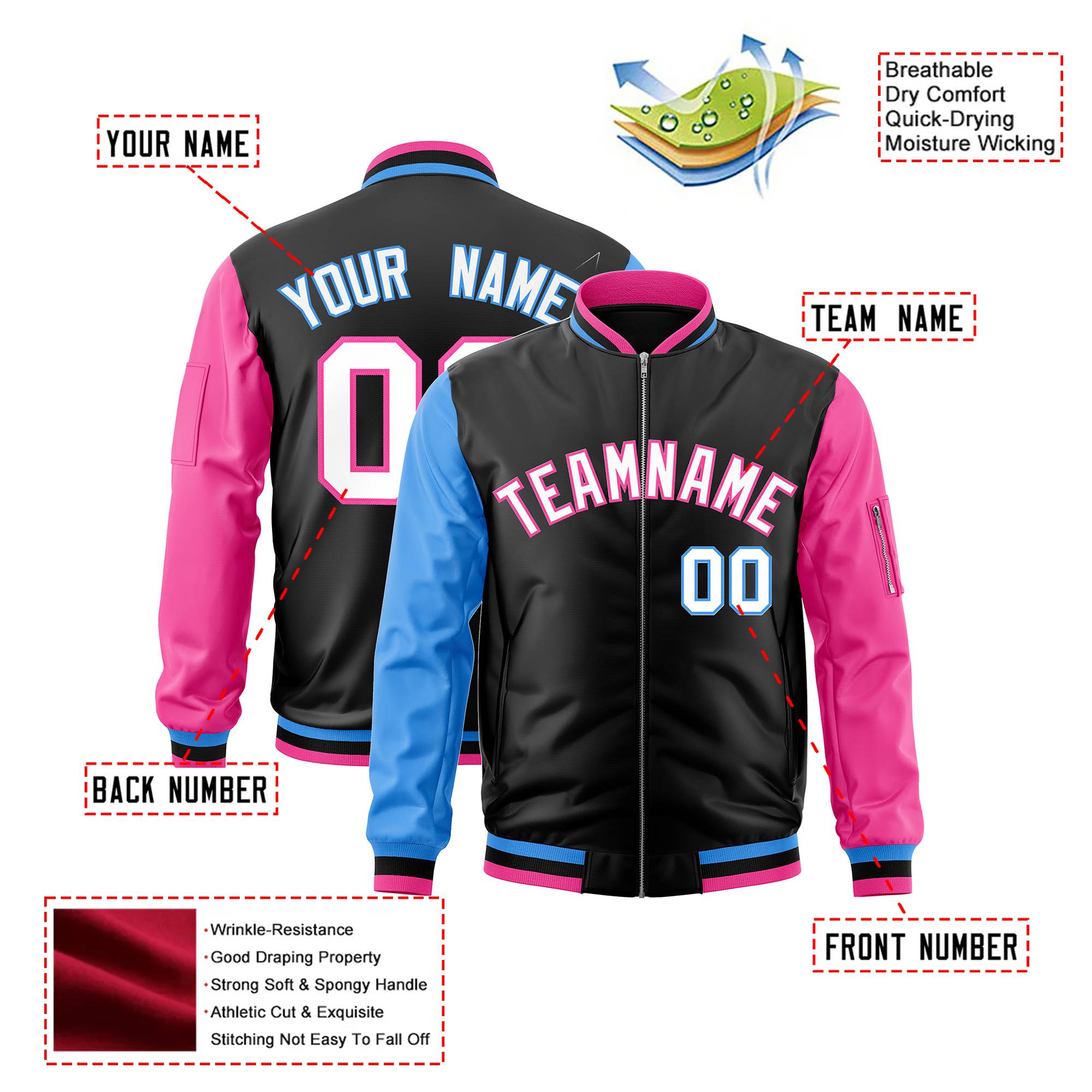 Custom Black Pink-Royal Blue Varsity Full-Zip Raglan Sleeves Letterman Bomber Jacket