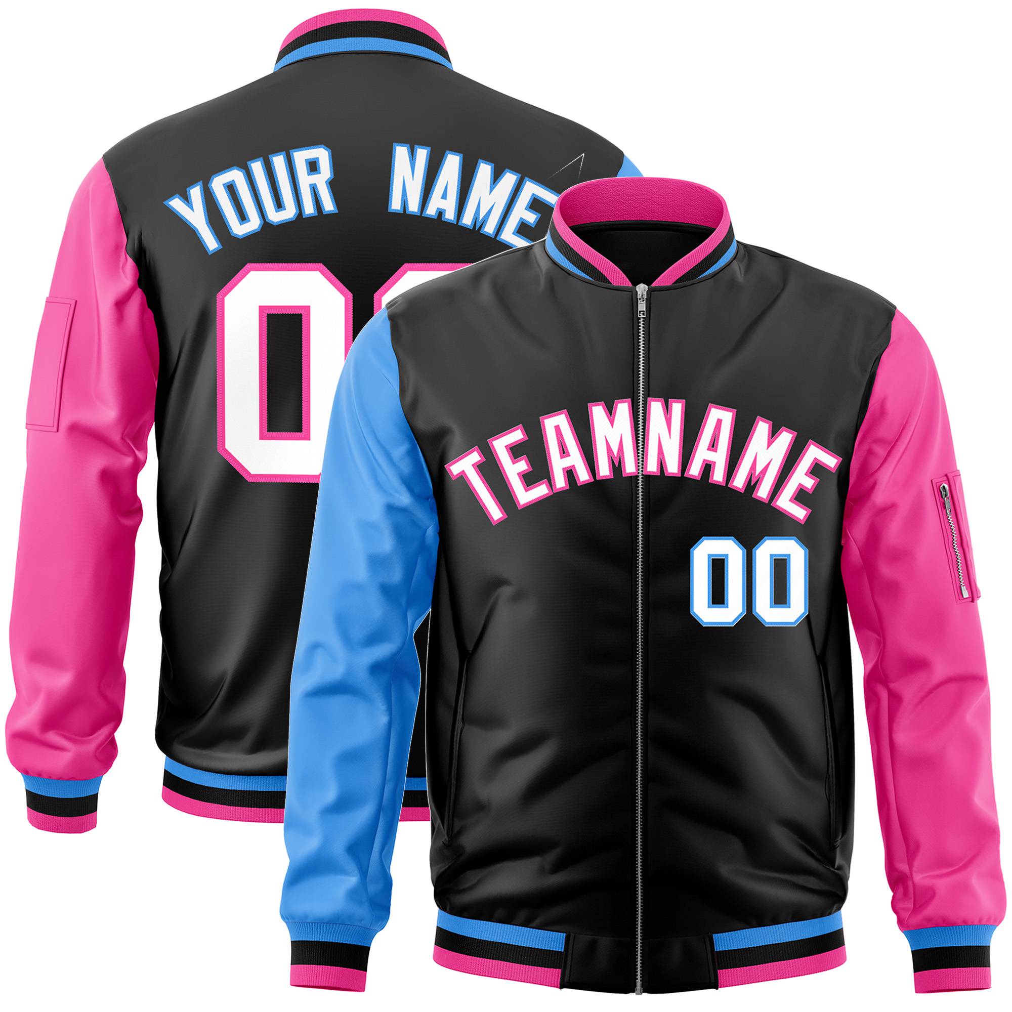 Custom Black Pink-Royal Blue Varsity Full-Zip Raglan Sleeves Letterman Bomber Jacket