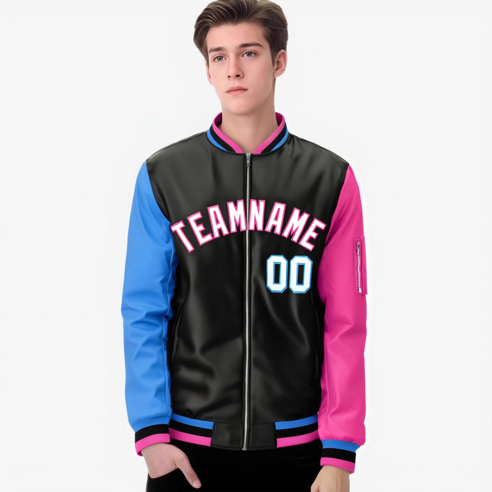 Custom Black Pink-Royal Blue Varsity Full-Zip Raglan Sleeves Letterman Bomber Jacket