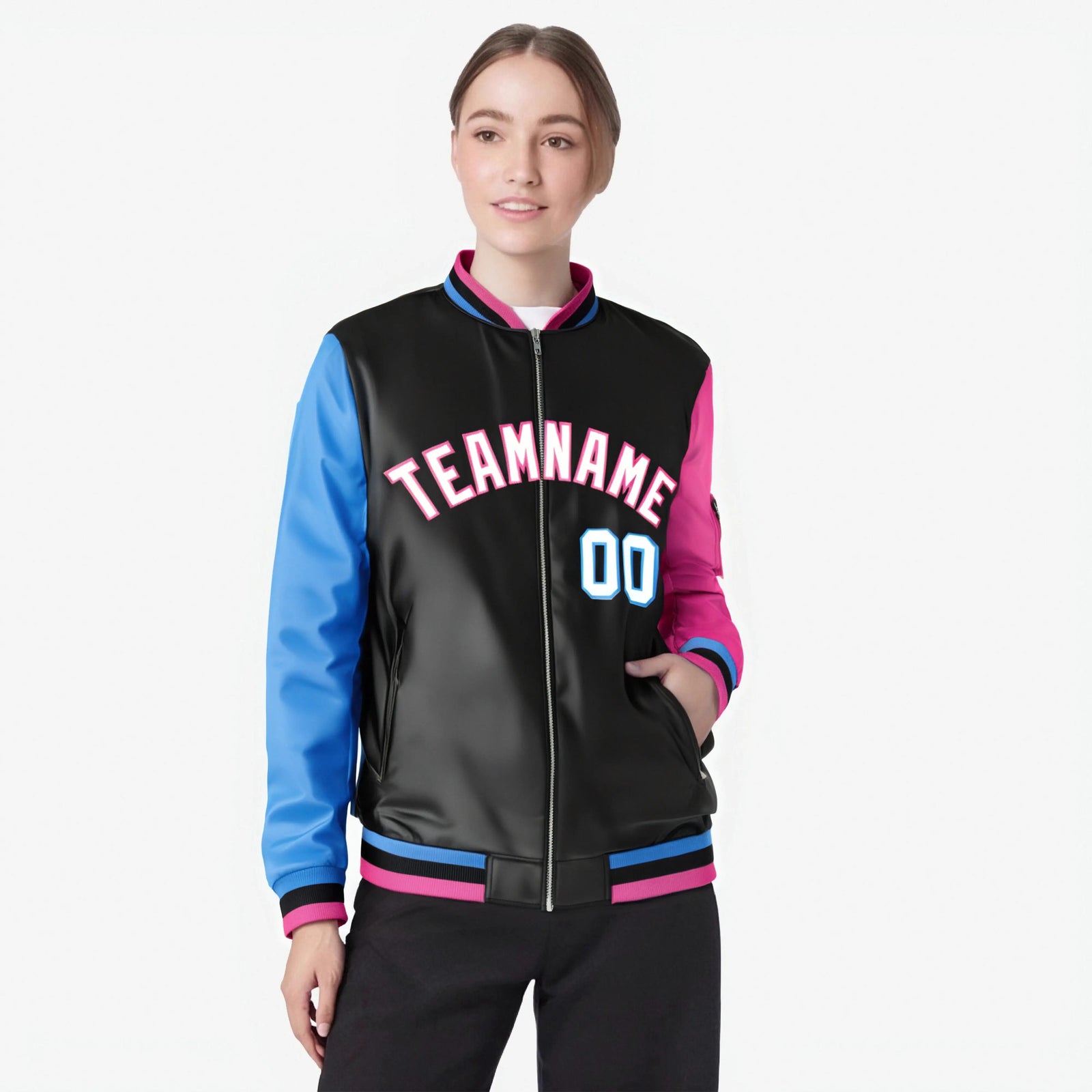 Custom Black Pink-Royal Blue Varsity Full-Zip Raglan Sleeves Letterman Bomber Jacket