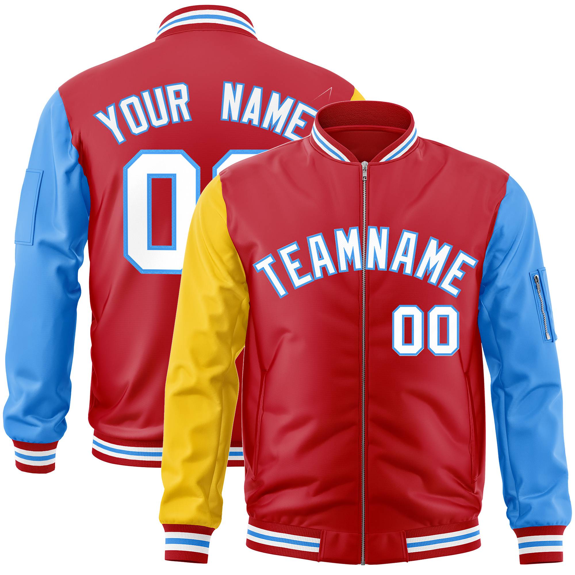 Custom Red Royal Blue-Gold Varsity Full-Zip Raglan Sleeves Letterman Bomber Jacket