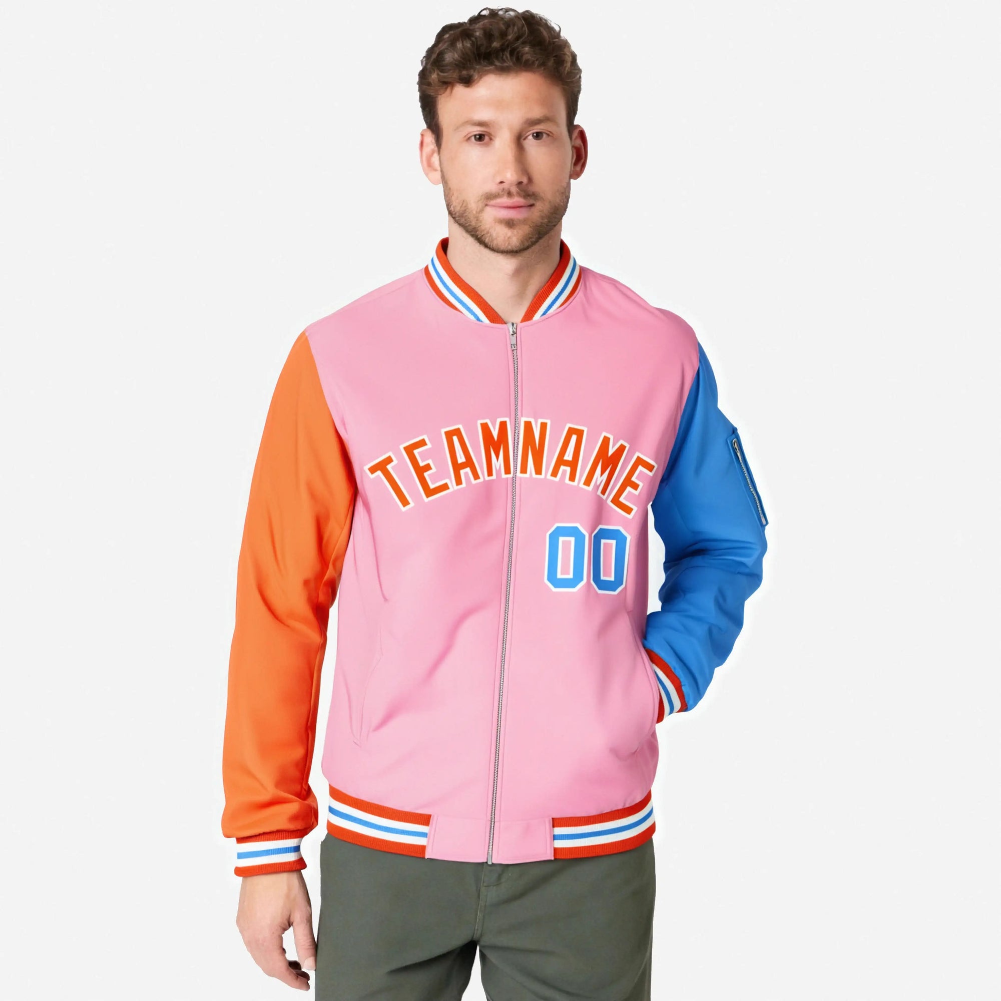 Custom Light Pink Royal Blue-Orange Varsity Full-Zip Raglan Sleeves Letterman Bomber Jacket