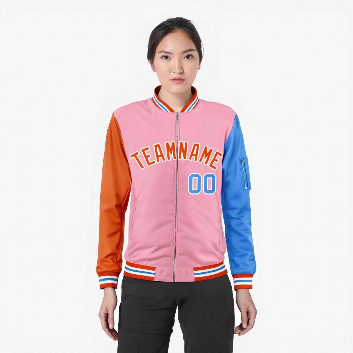 Custom Light Pink Royal Blue-Orange Varsity Full-Zip Raglan Sleeves Letterman Bomber Jacket