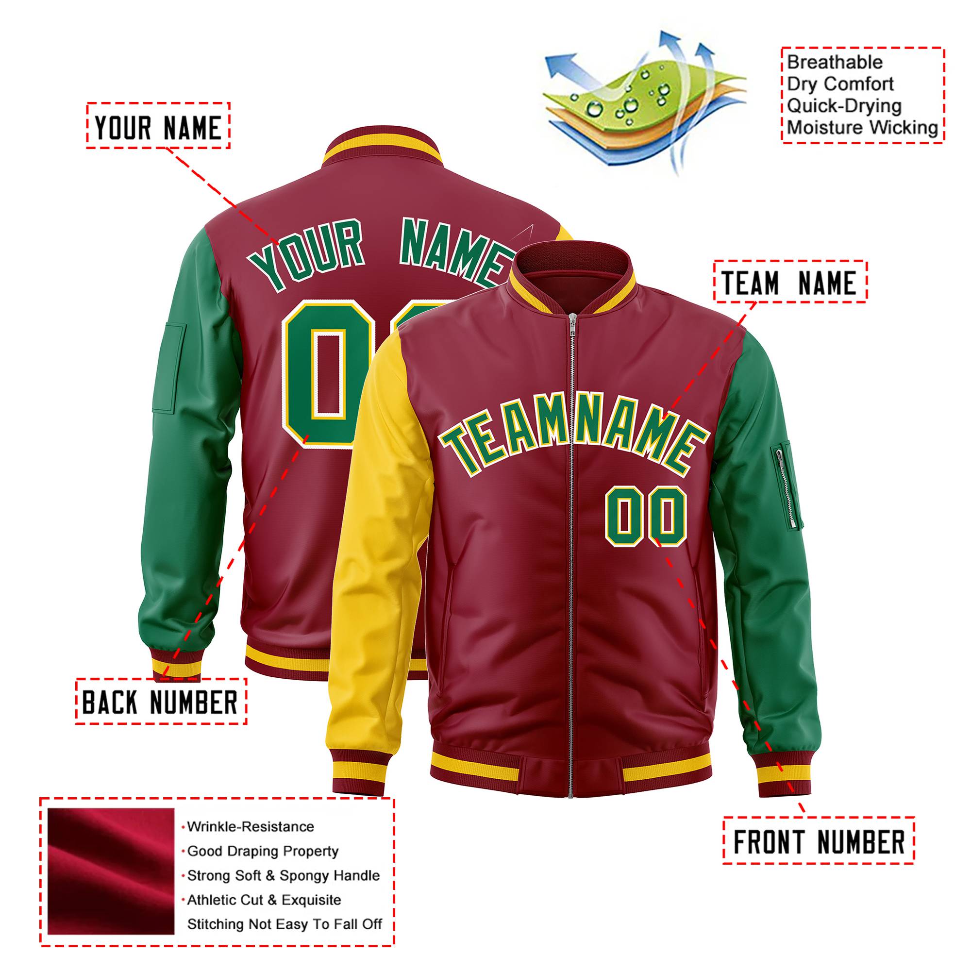 Custom Crimson Green-Gold Varsity Full-Zip Raglan Sleeves Letterman Bomber Jacket