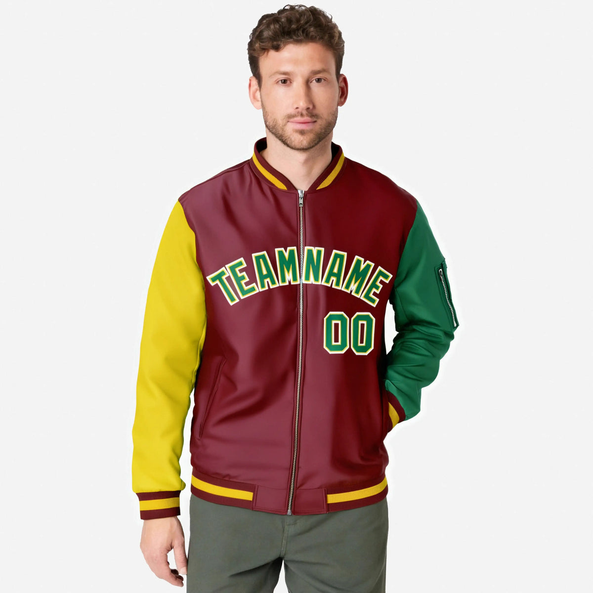 Custom Crimson Green-Gold Varsity Full-Zip Raglan Sleeves Letterman Bomber Jacket