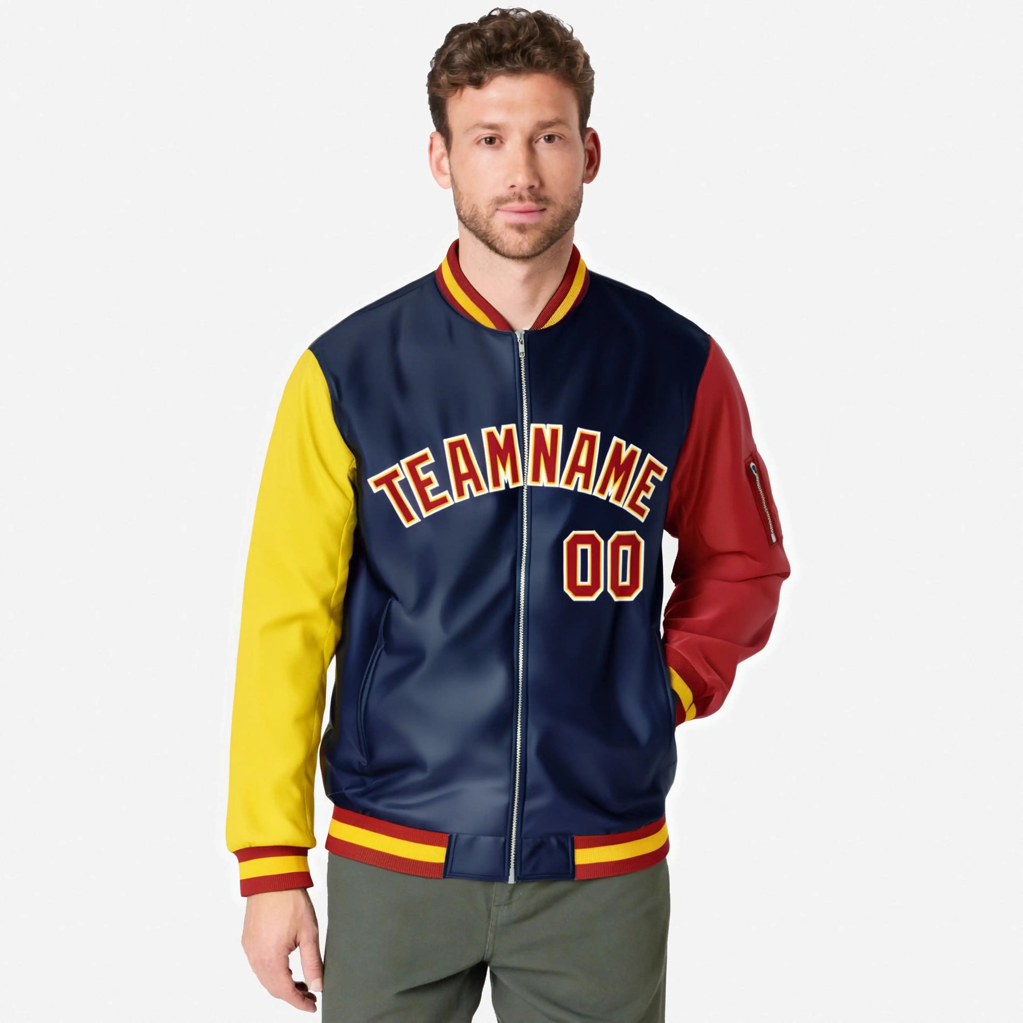 Custom Navy Blue Red-Gold Varsity Full-Zip Raglan Sleeves Letterman Bomber Jacket