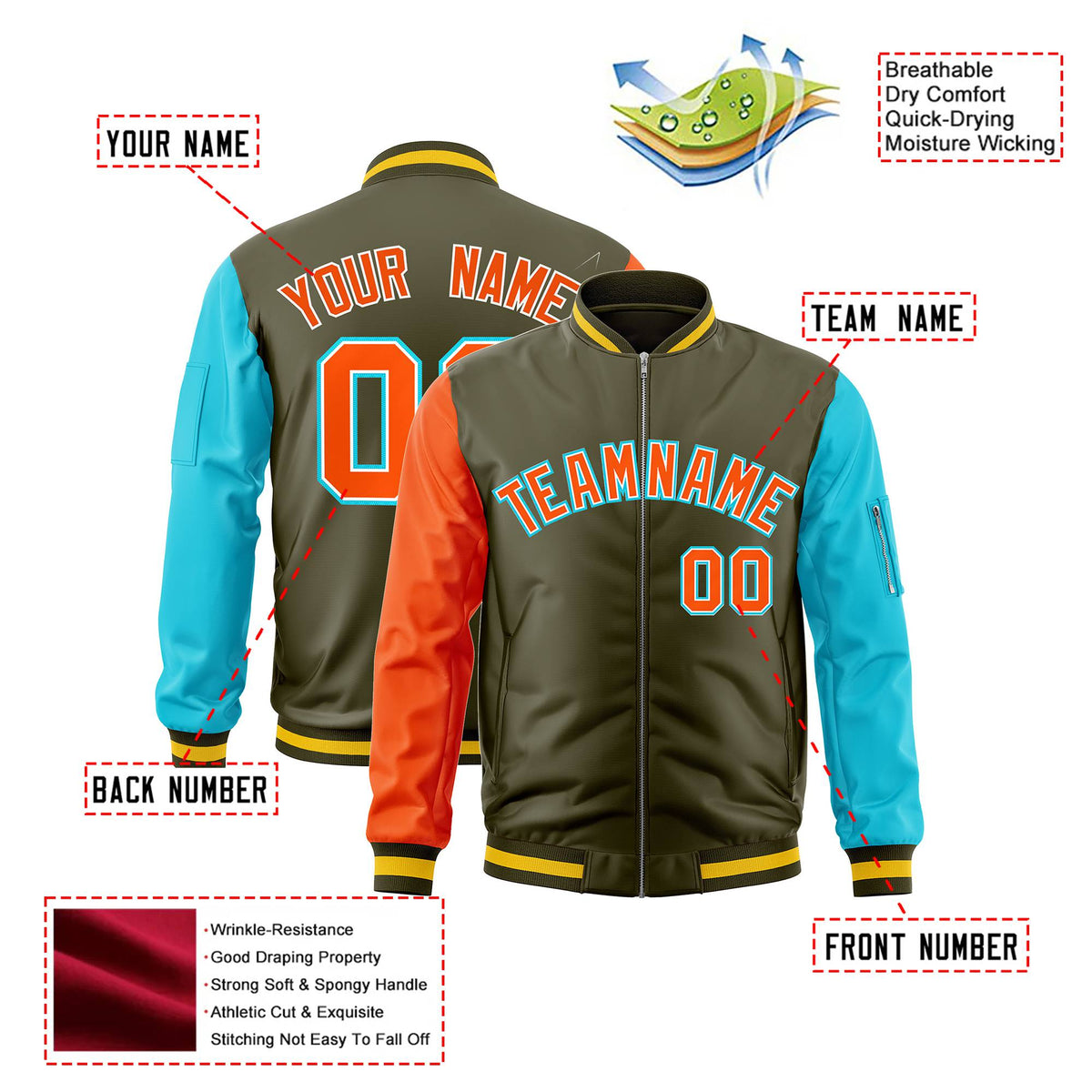 Custom Olive Aqua-Orange Varsity Full-Zip Raglan Sleeves Letterman Bomber Jacket
