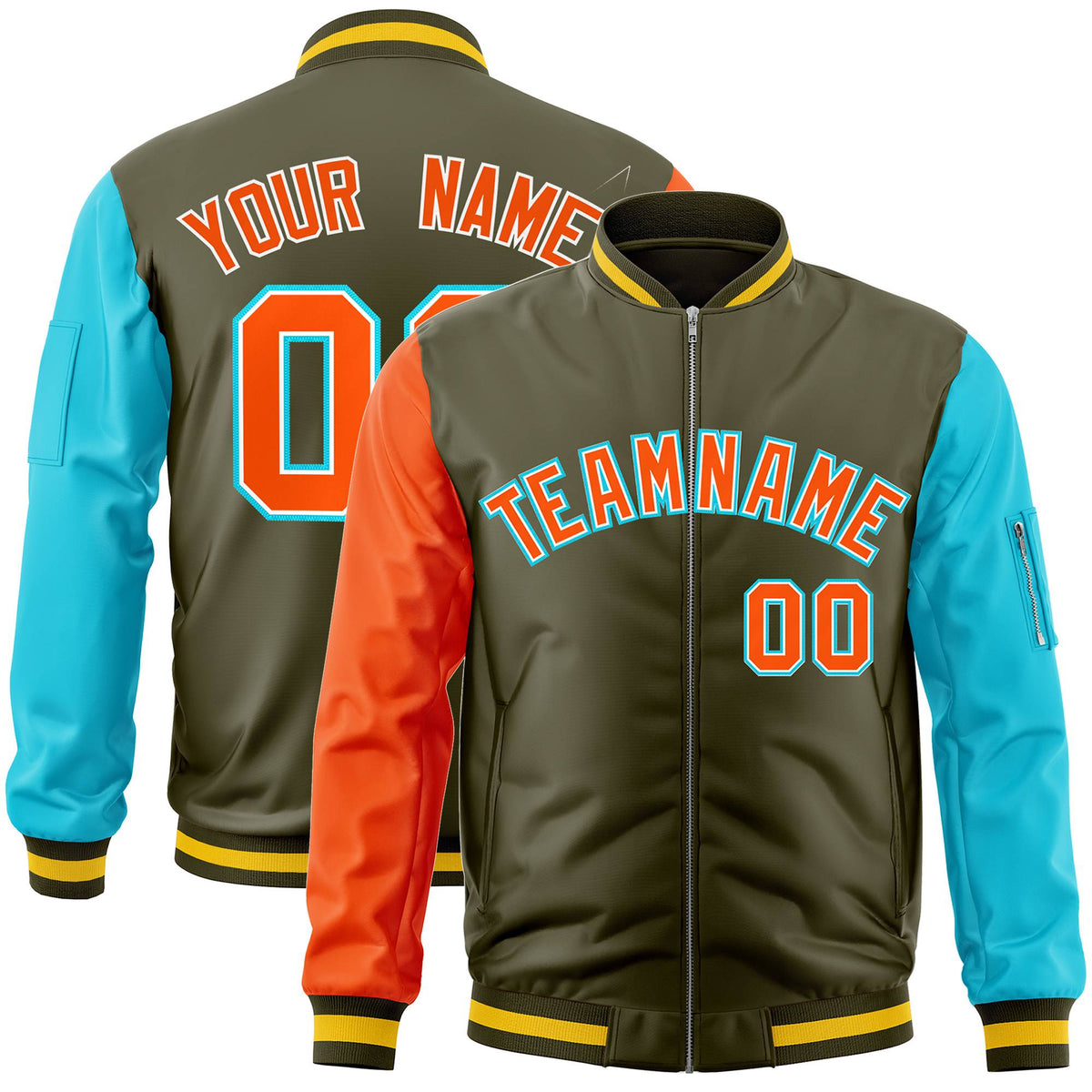 Custom Olive Aqua-Orange Varsity Full-Zip Raglan Sleeves Letterman Bomber Jacket