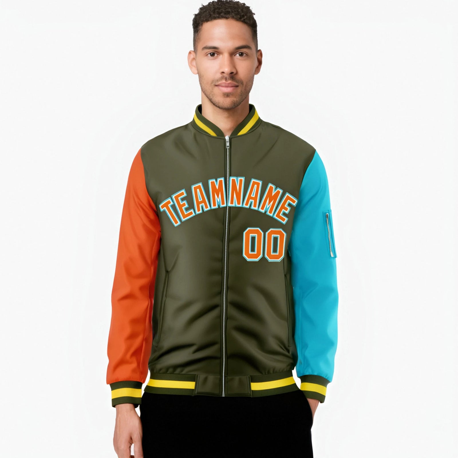 Custom Olive Aqua-Orange Varsity Full-Zip Raglan Sleeves Letterman Bomber Jacket