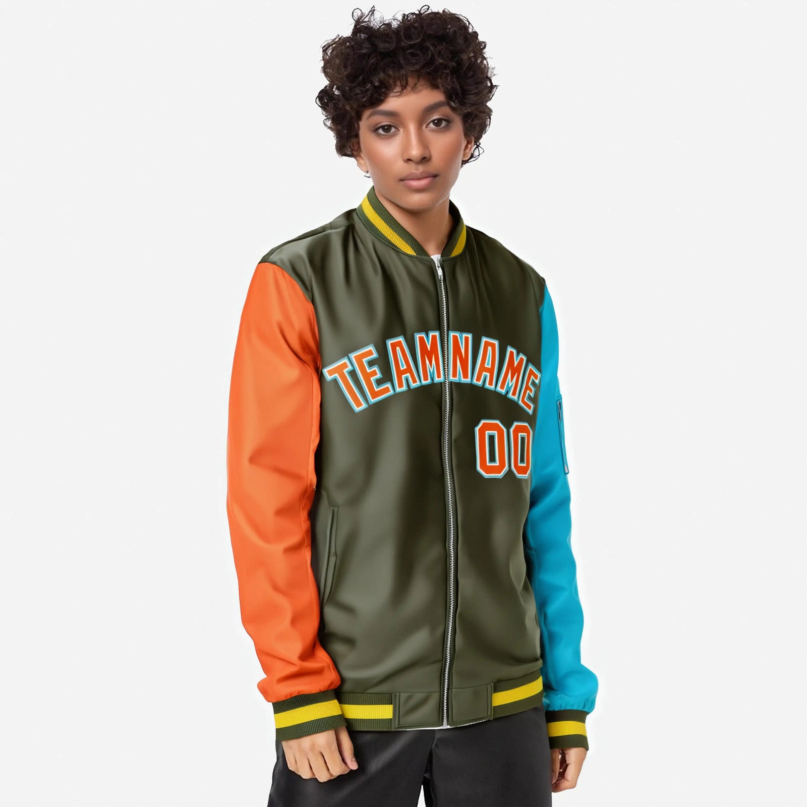 Custom Olive Aqua-Orange Varsity Full-Zip Raglan Sleeves Letterman Bomber Jacket