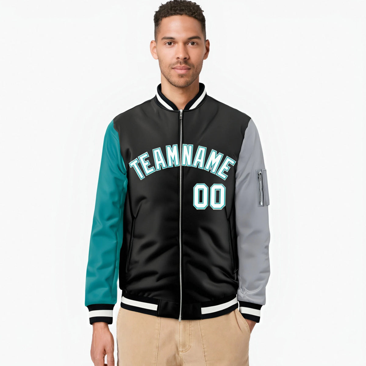 Custom Black Gray-Aqua Varsity Full-Zip Raglan Sleeves Letterman Bomber Jacket