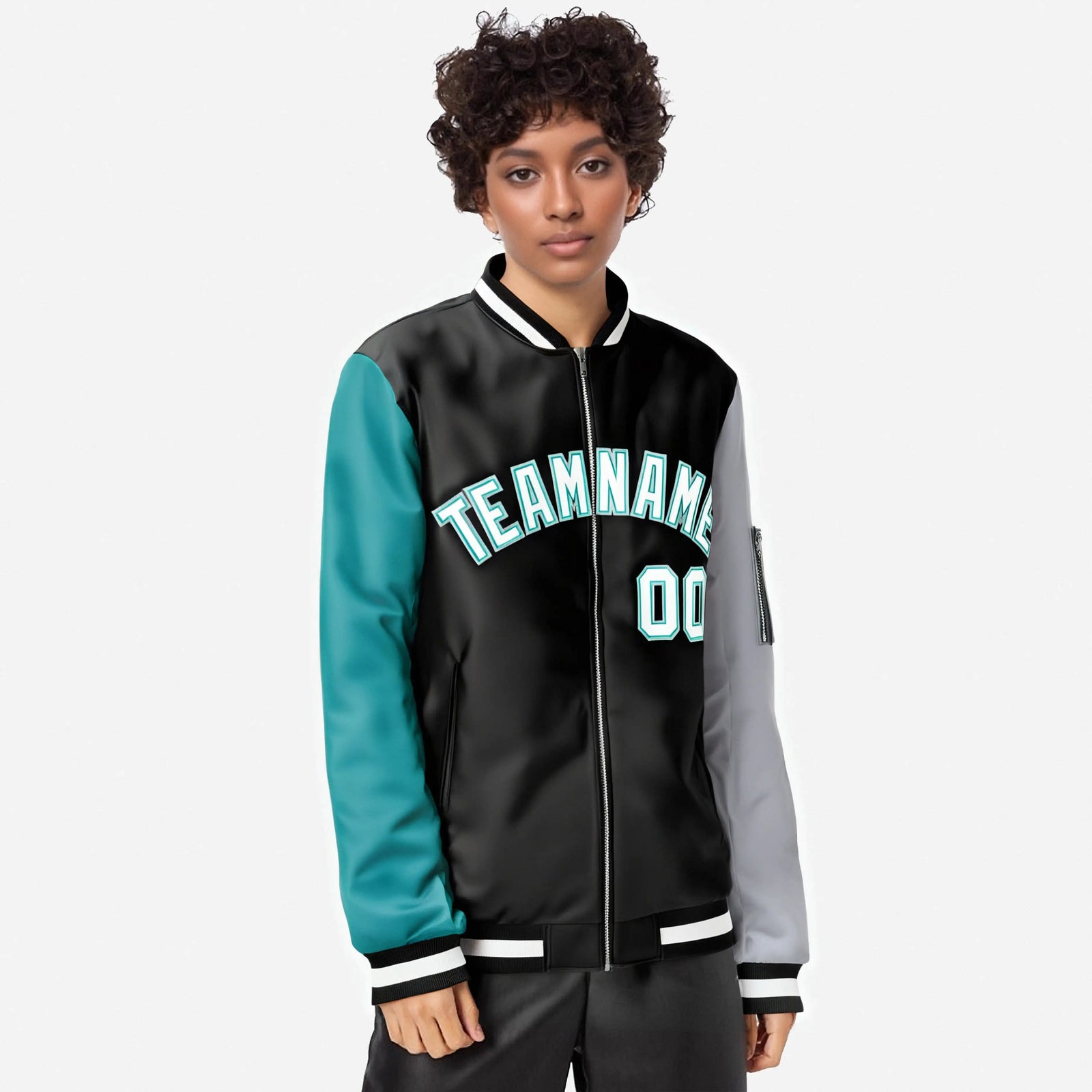Custom Black Gray-Aqua Varsity Full-Zip Raglan Sleeves Letterman Bomber Jacket