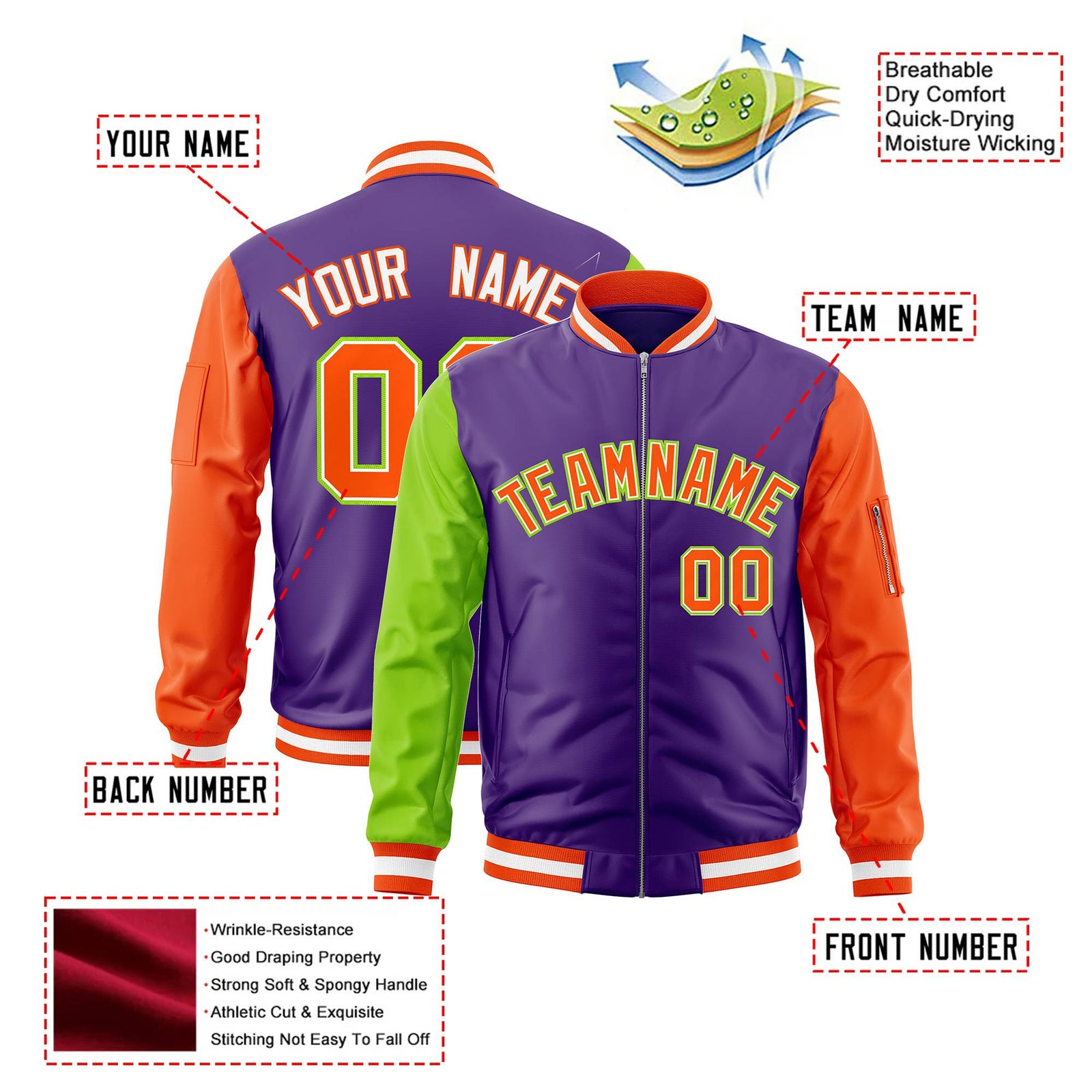 Custom Purple Orange-Neon Green Varsity Full-Zip Raglan Sleeves Letterman Bomber Jacket