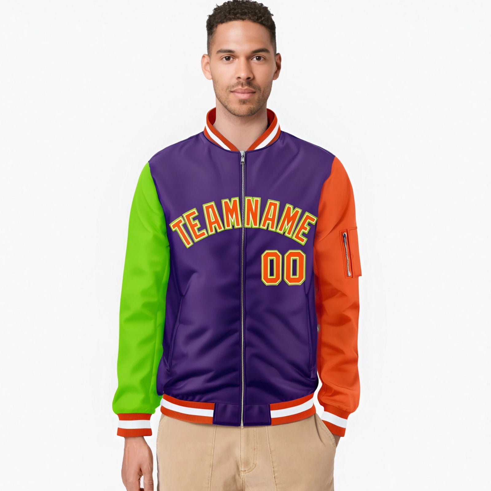 Custom Purple Orange-Neon Green Varsity Full-Zip Raglan Sleeves Letterman Bomber Jacket