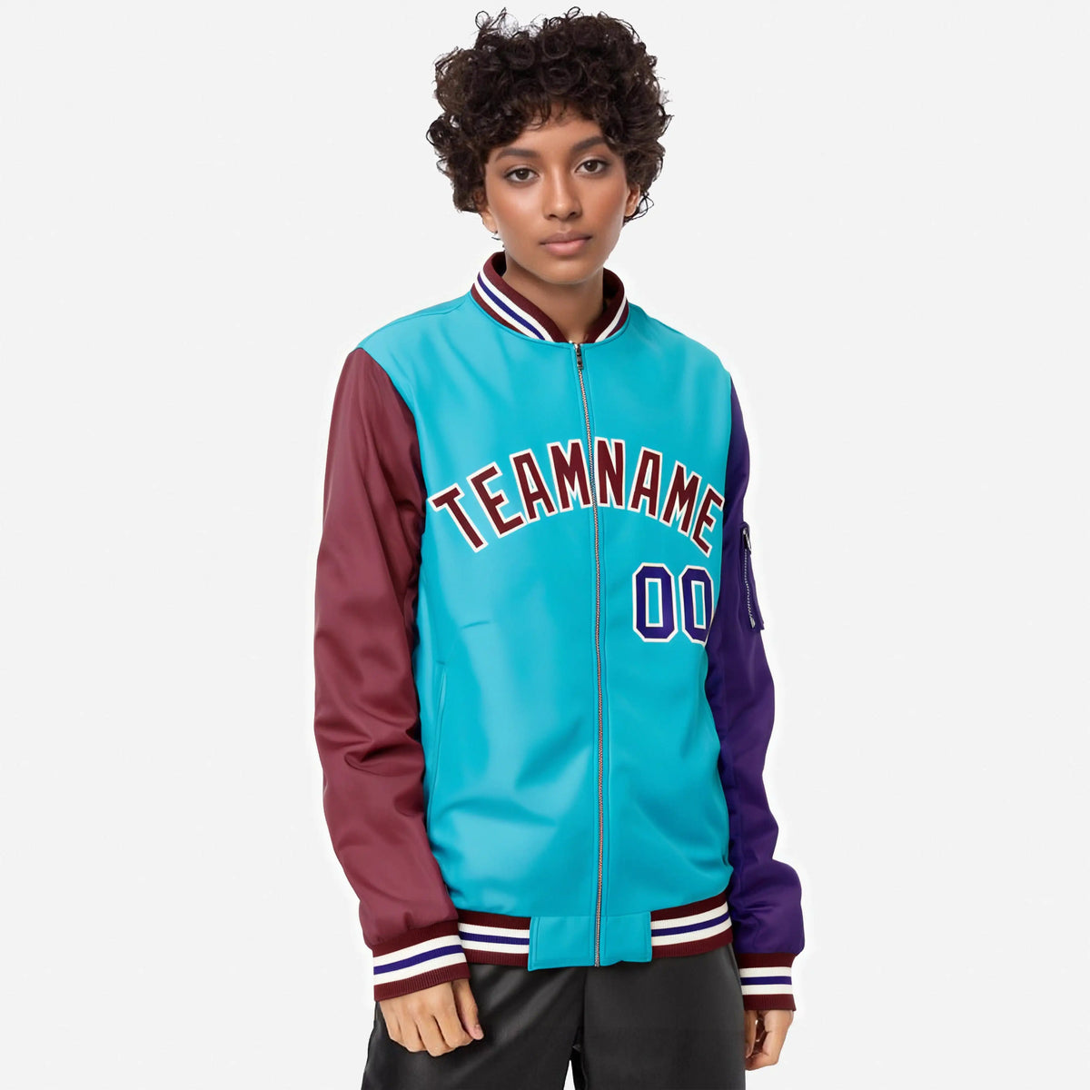 Custom Aqua Purple-Crimson Varsity Full-Zip Raglan Sleeves Letterman Bomber Jacket