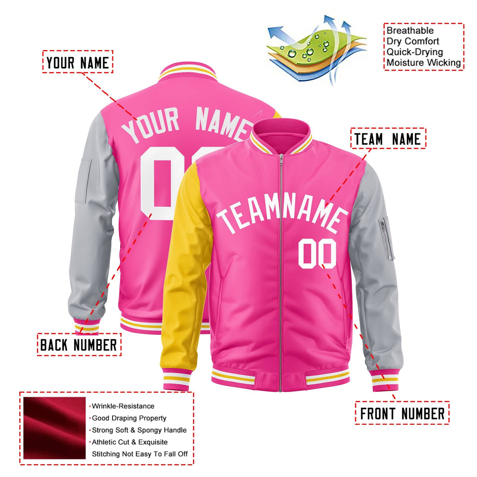 Custom Pink Gray-Gold Varsity Full-Zip Raglan Sleeves Letterman Bomber Jacket