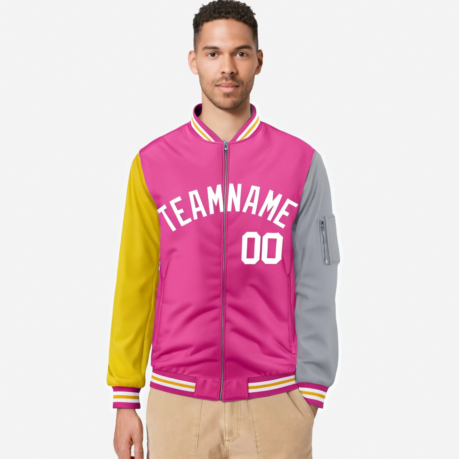 Custom Pink Gray-Gold Varsity Full-Zip Raglan Sleeves Letterman Bomber Jacket