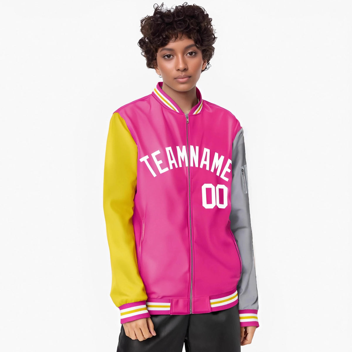 Custom Pink Gray-Gold Varsity Full-Zip Raglan Sleeves Letterman Bomber Jacket