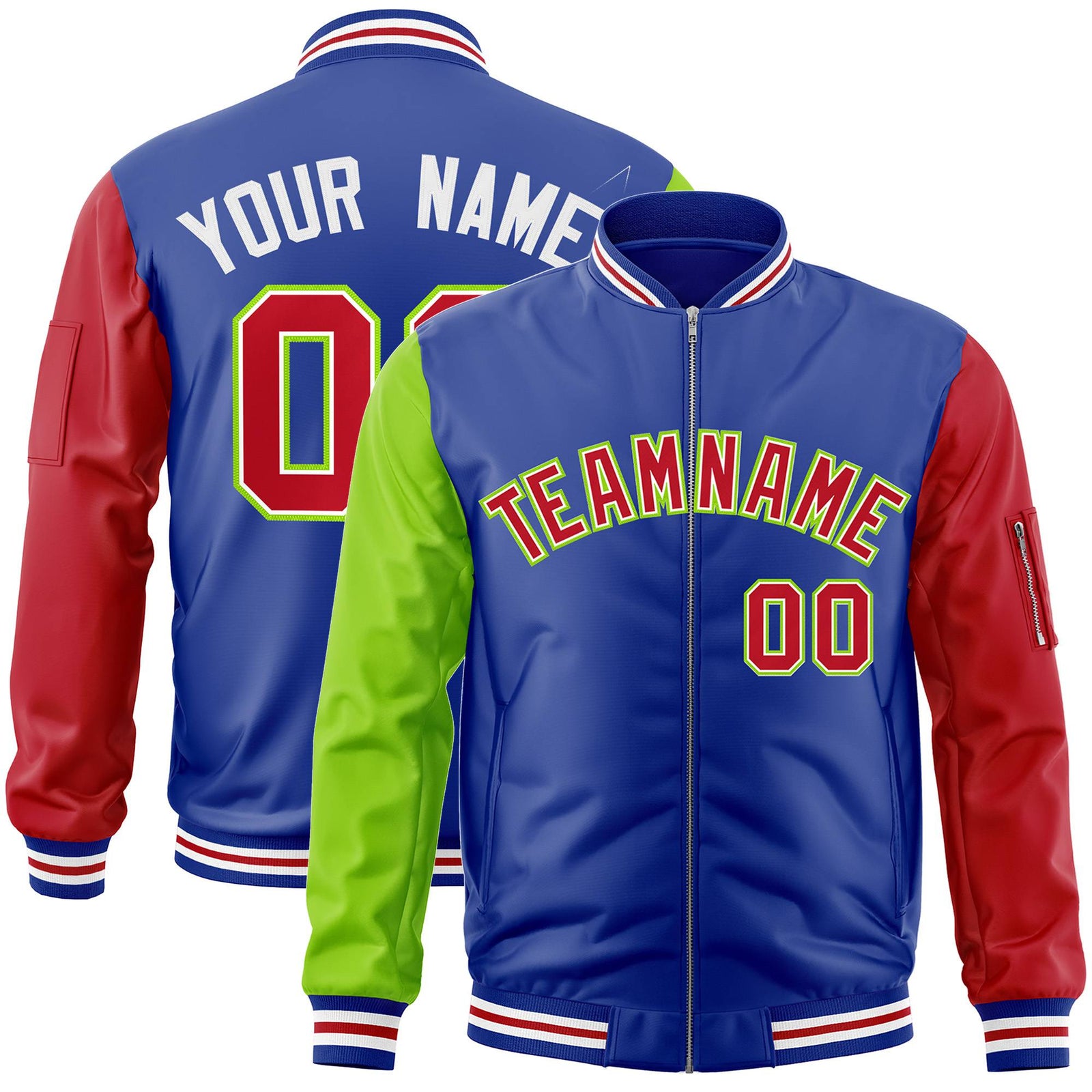 Custom Royal Blue Red-Neon Green Varsity Full-Zip Raglan Sleeves Letterman Bomber Jacket