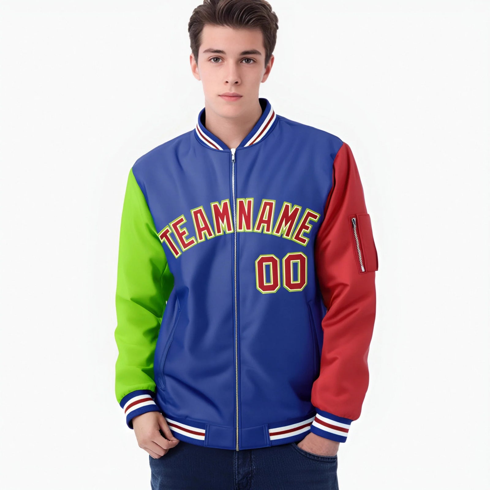 Custom Royal Blue Red-Neon Green Varsity Full-Zip Raglan Sleeves Letterman Bomber Jacket