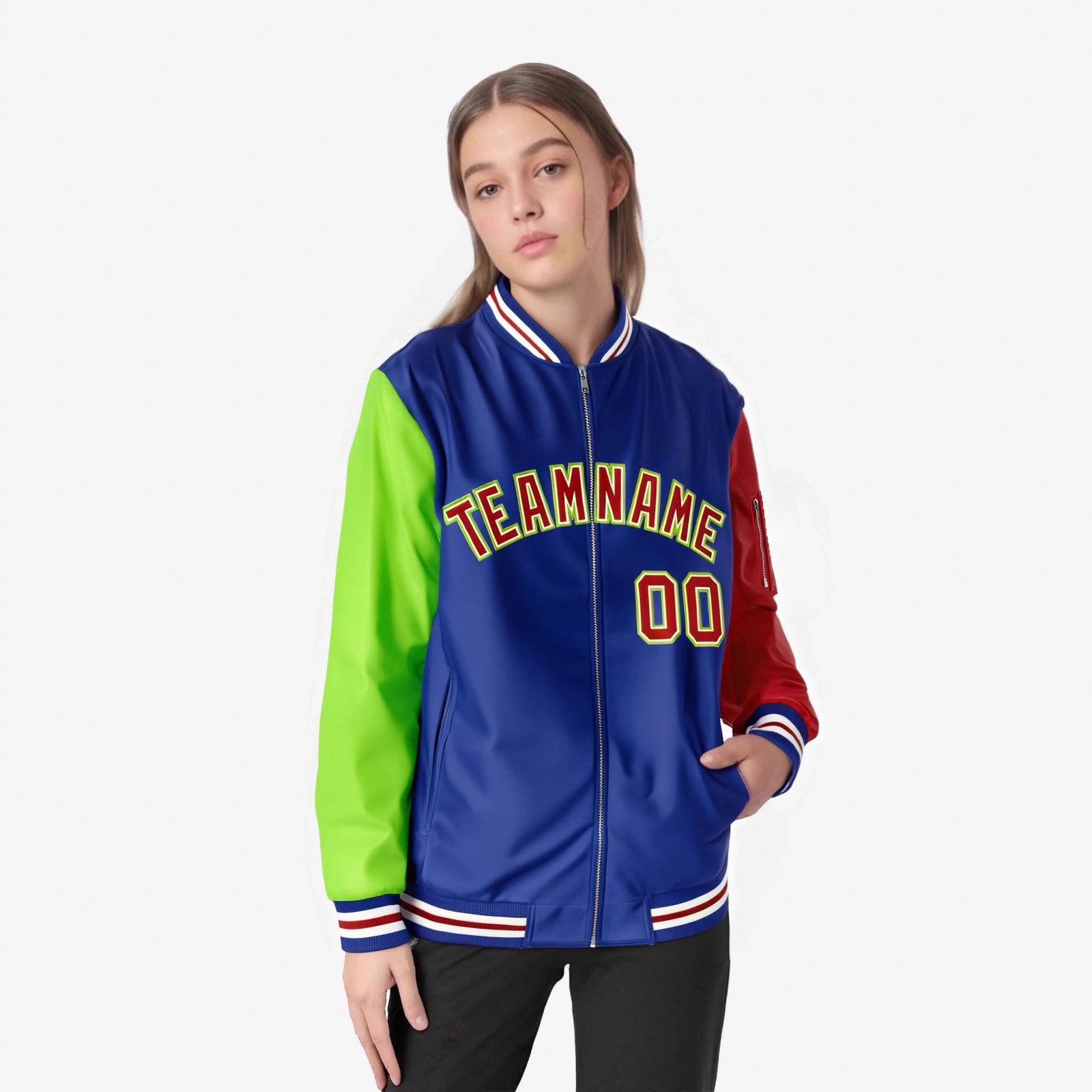 Custom Royal Blue Red-Neon Green Varsity Full-Zip Raglan Sleeves Letterman Bomber Jacket