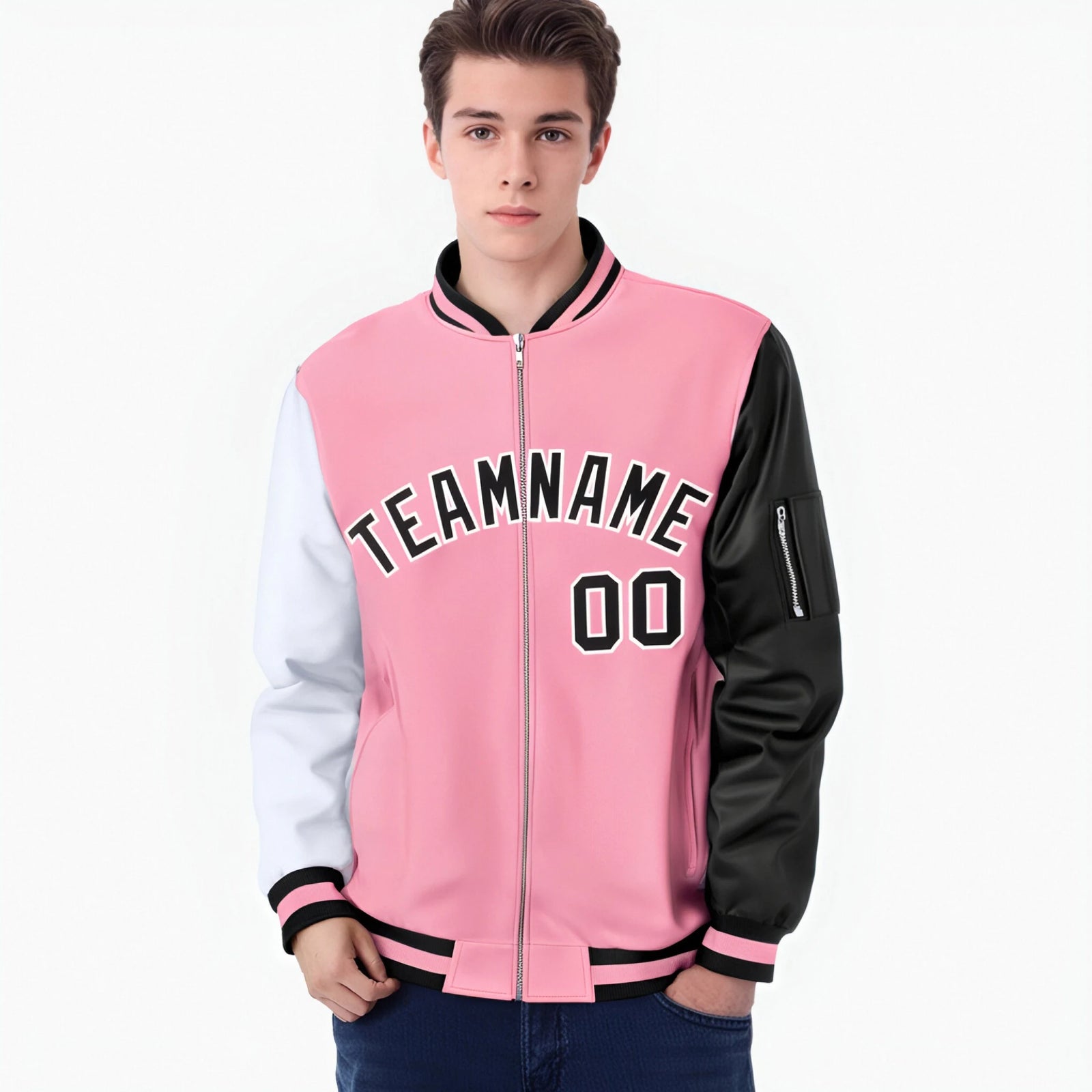 Custom Light Pink Black-White Varsity Full-Zip Raglan Sleeves Letterman Bomber Jacket