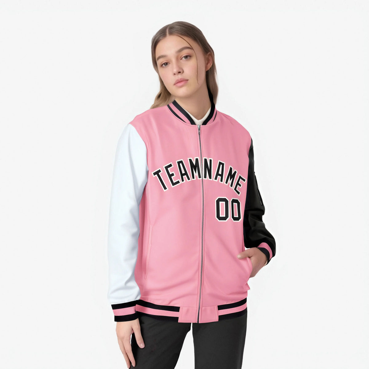 Custom Light Pink Black-White Varsity Full-Zip Raglan Sleeves Letterman Bomber Jacket