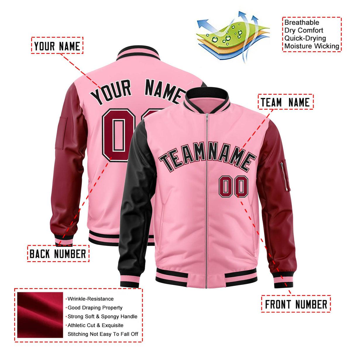 Custom Light Pink Crimson-Black Varsity Full-Zip Raglan Sleeves Letterman Bomber Jacket