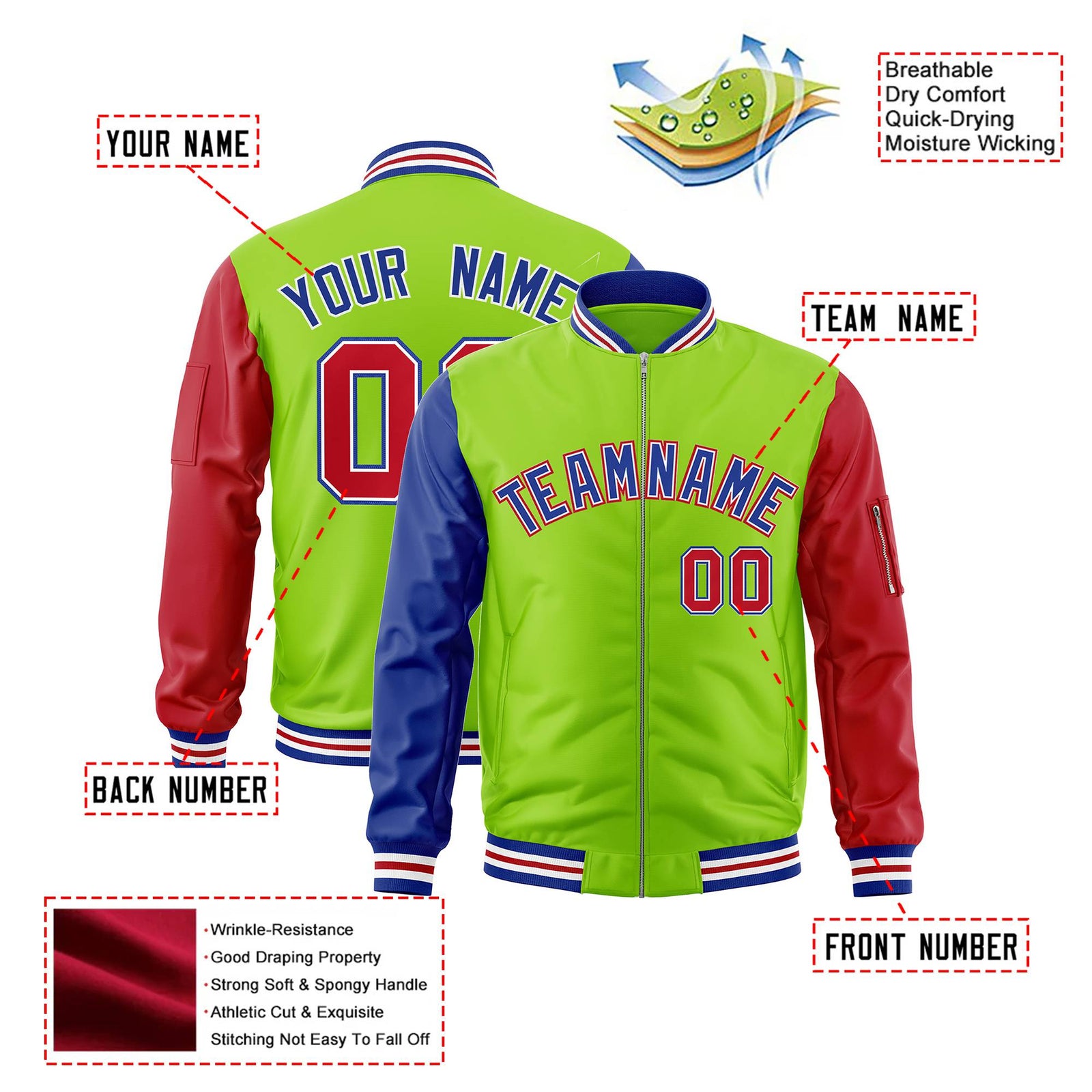 Custom Neon Green Red-Royal Blue Varsity Full-Zip Raglan Sleeves Letterman Bomber Jacket