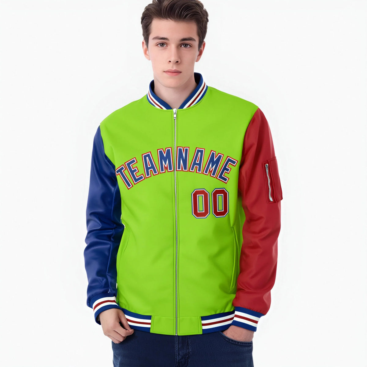 Custom Neon Green Red-Royal Blue Varsity Full-Zip Raglan Sleeves Letterman Bomber Jacket