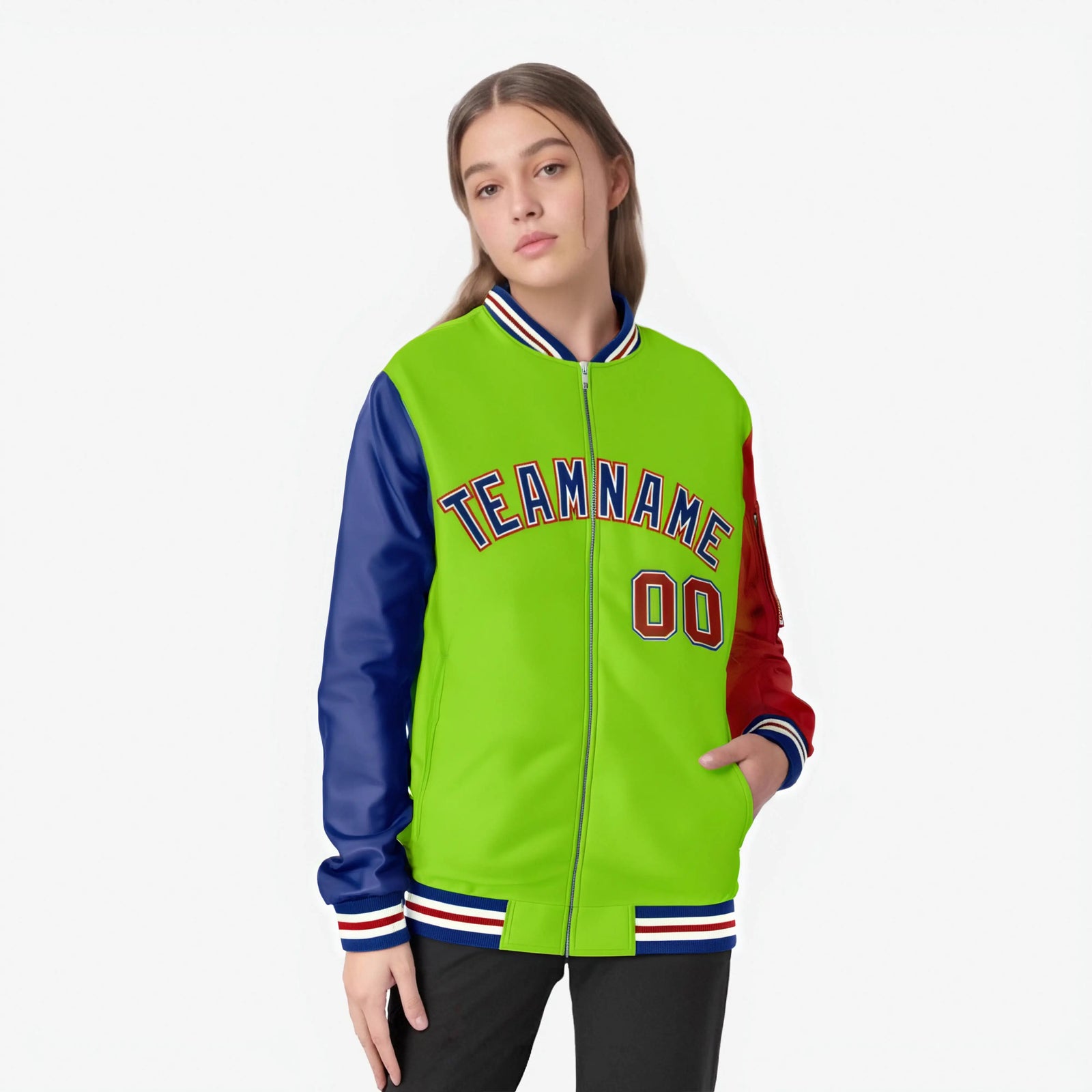 Custom Neon Green Red-Royal Blue Varsity Full-Zip Raglan Sleeves Letterman Bomber Jacket