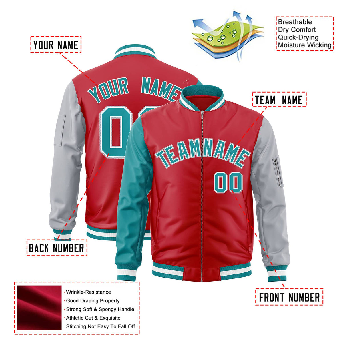 Custom Red Gray-Aqua Varsity Full-Zip Raglan Sleeves Letterman Bomber Jacket