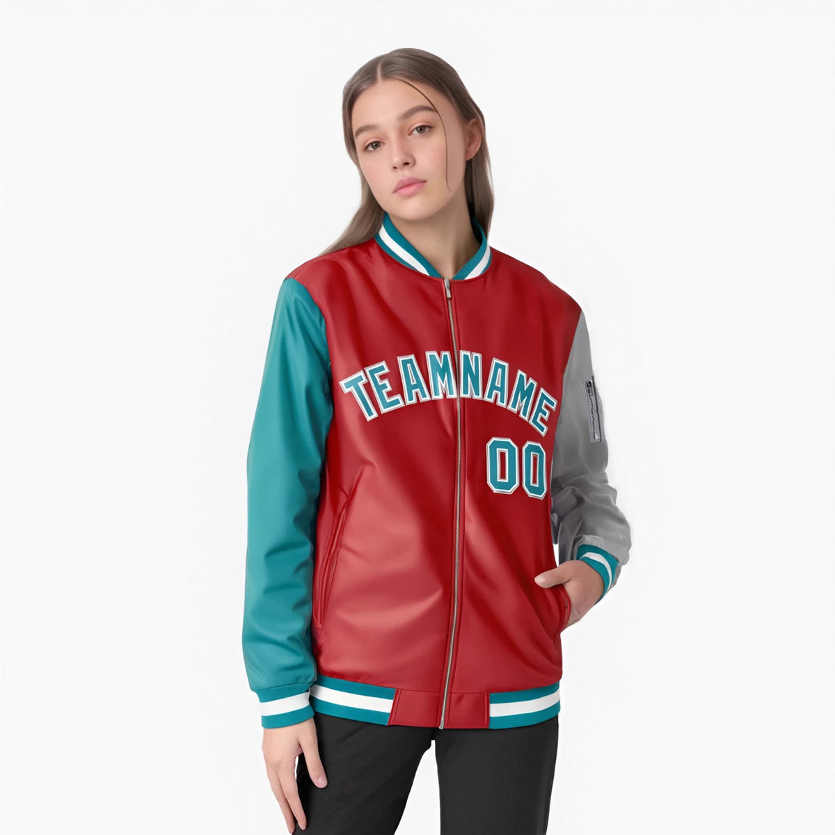 Custom Red Gray-Aqua Varsity Full-Zip Raglan Sleeves Letterman Bomber Jacket