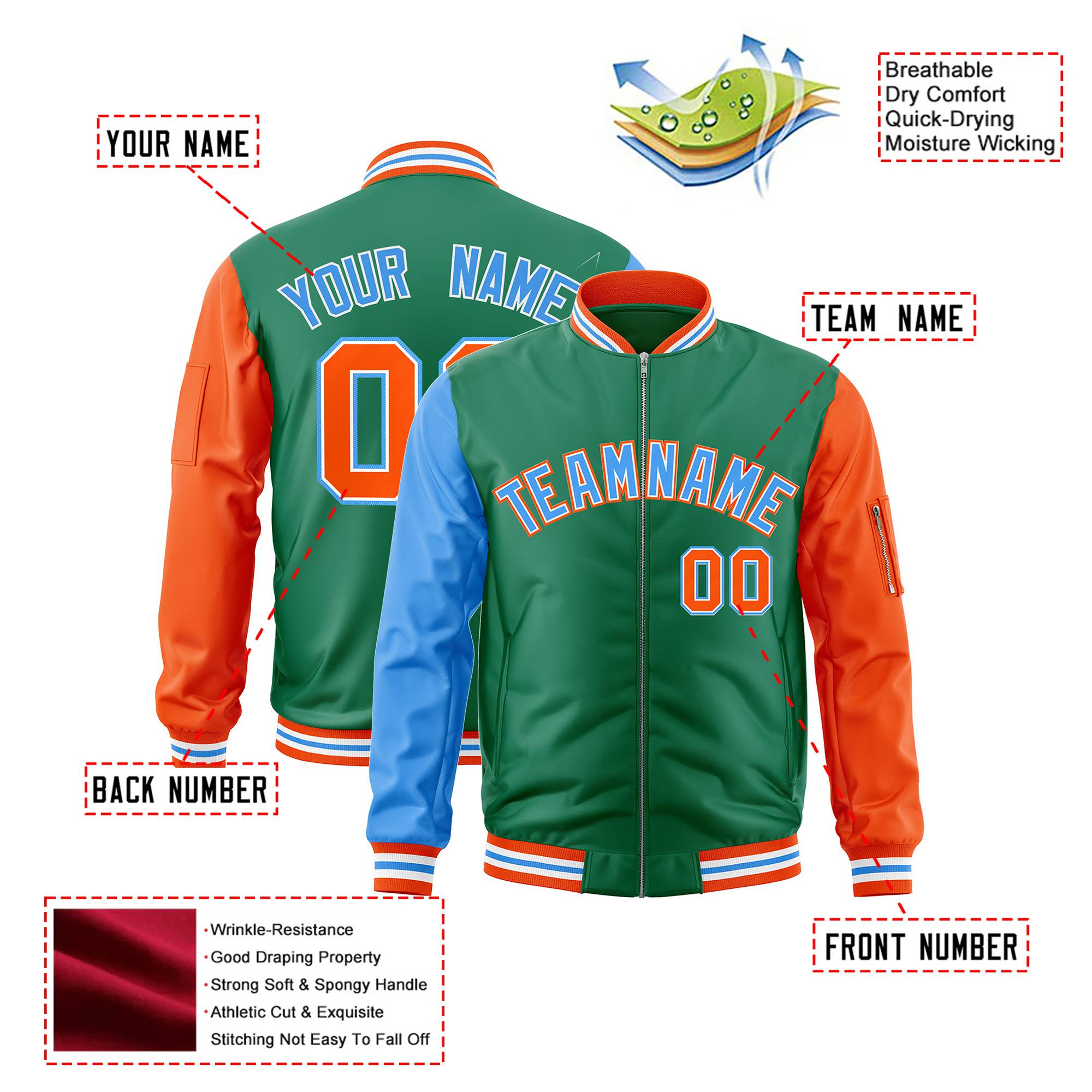 Custom Green Orange-Powder Blue Varsity Full-Zip Raglan Sleeves Letterman Bomber Jacket