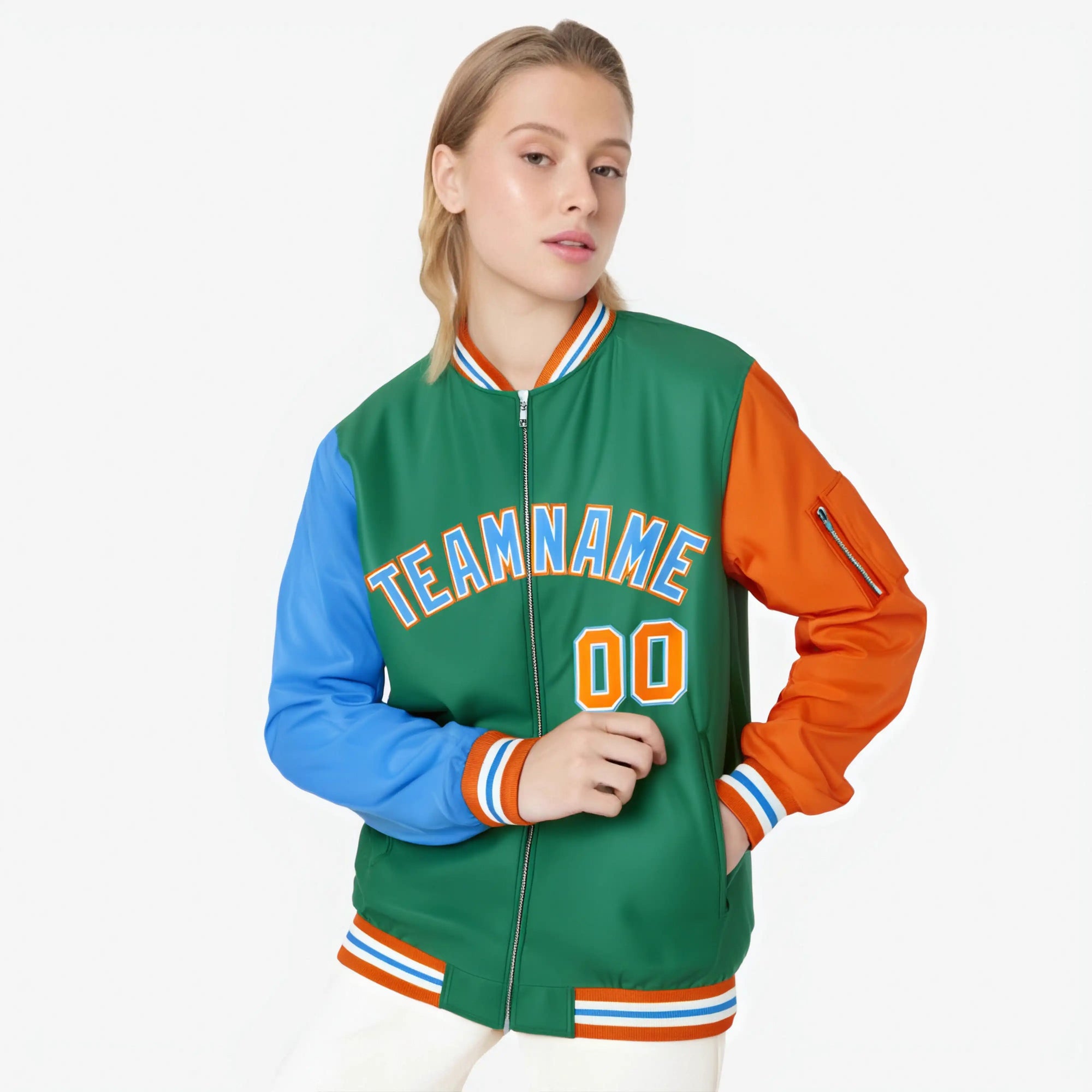 Custom Green Orange-Powder Blue Varsity Full-Zip Raglan Sleeves Letterman Bomber Jacket