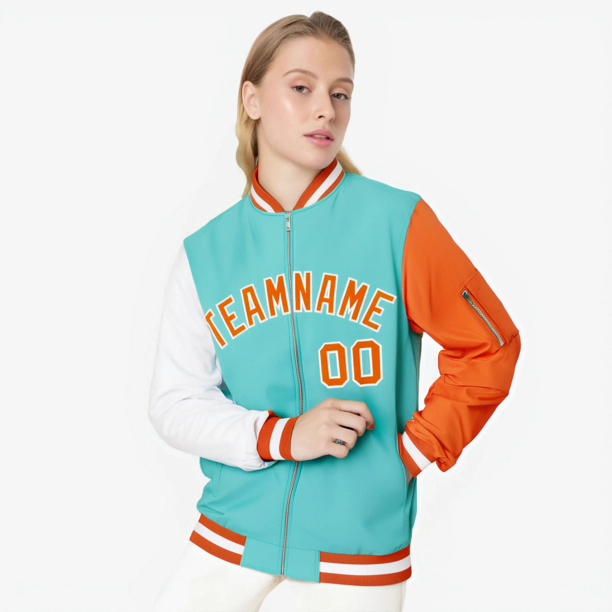 Custom Aqua Orange-White Varsity Full-Zip Raglan Sleeves Letterman Bomber Jacket