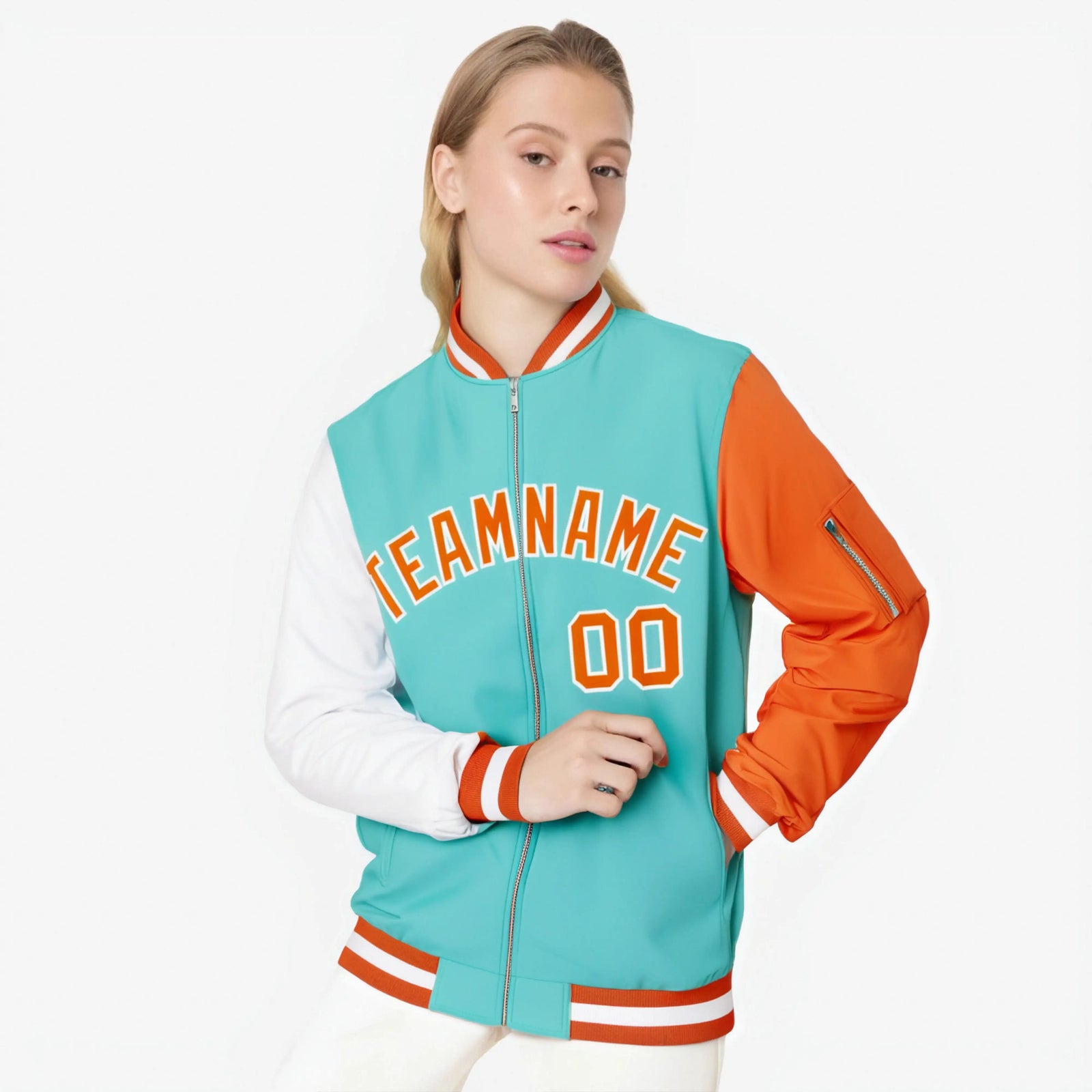 Custom Aqua Orange-White Varsity Full-Zip Raglan Sleeves Letterman Bomber Jacket