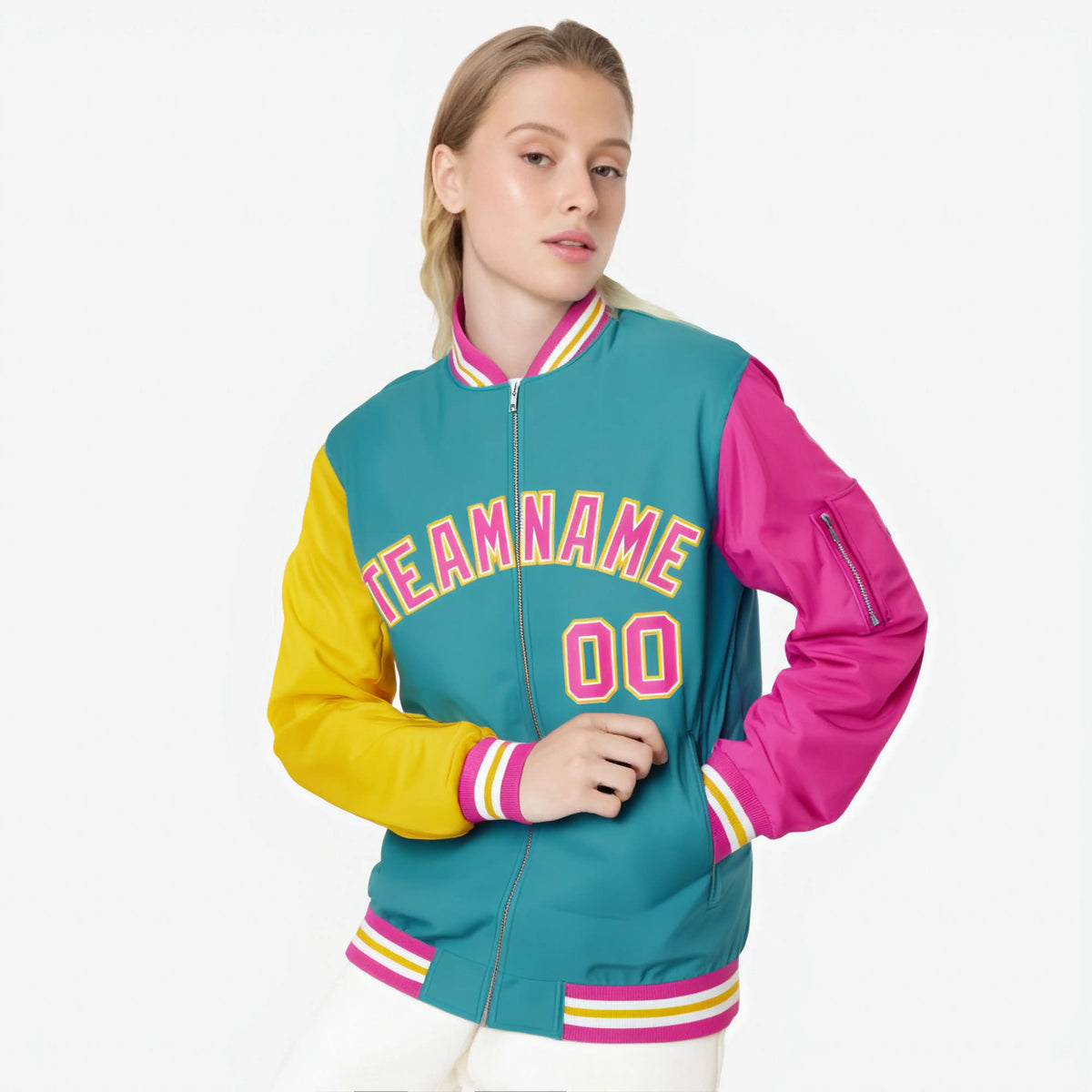 Custom Aqua Pink-Gold Varsity Full-Zip Raglan Sleeves Letterman Bomber Jacket