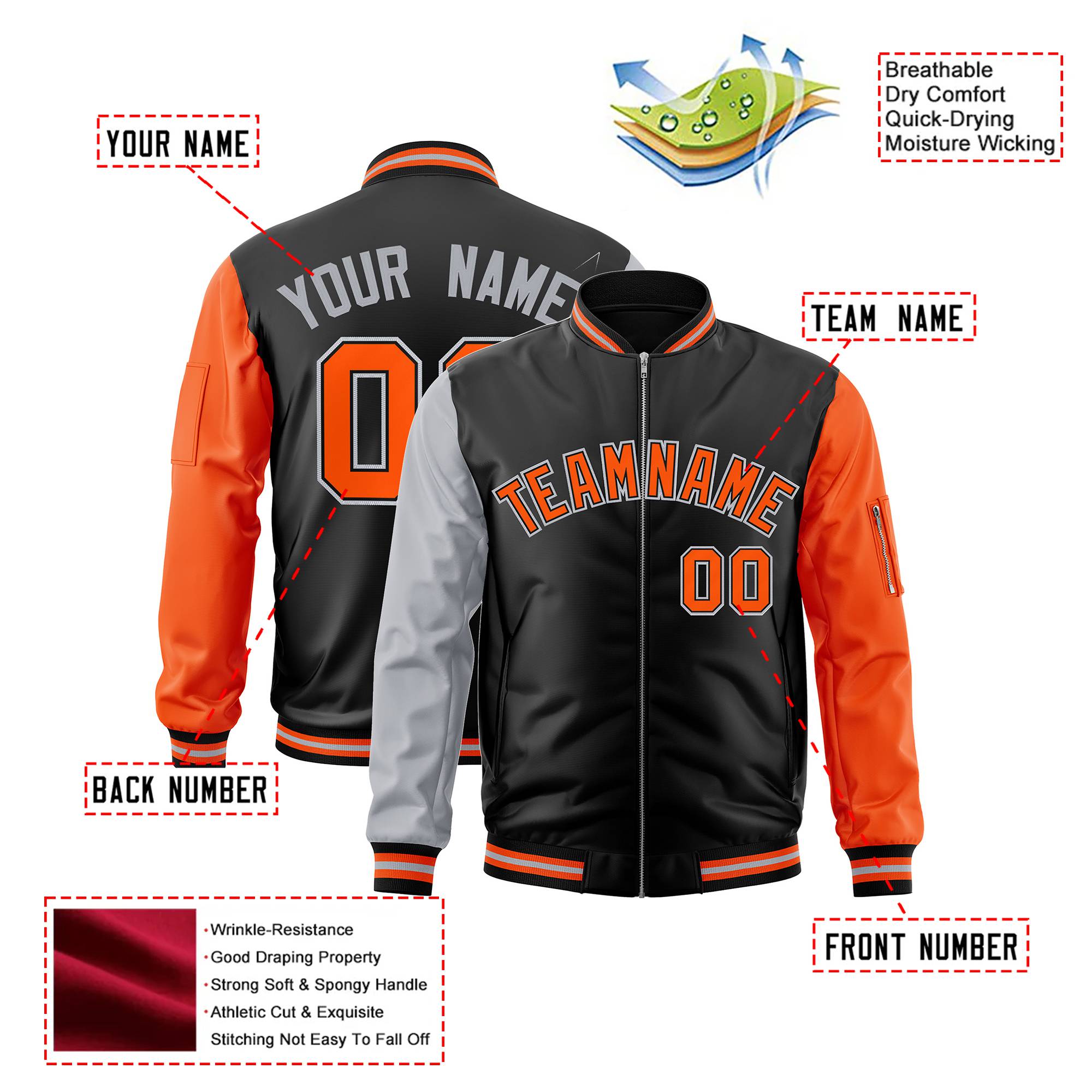 Custom Black Orange-Gray Varsity Full-Zip Raglan Sleeves Letterman Bomber Jacket