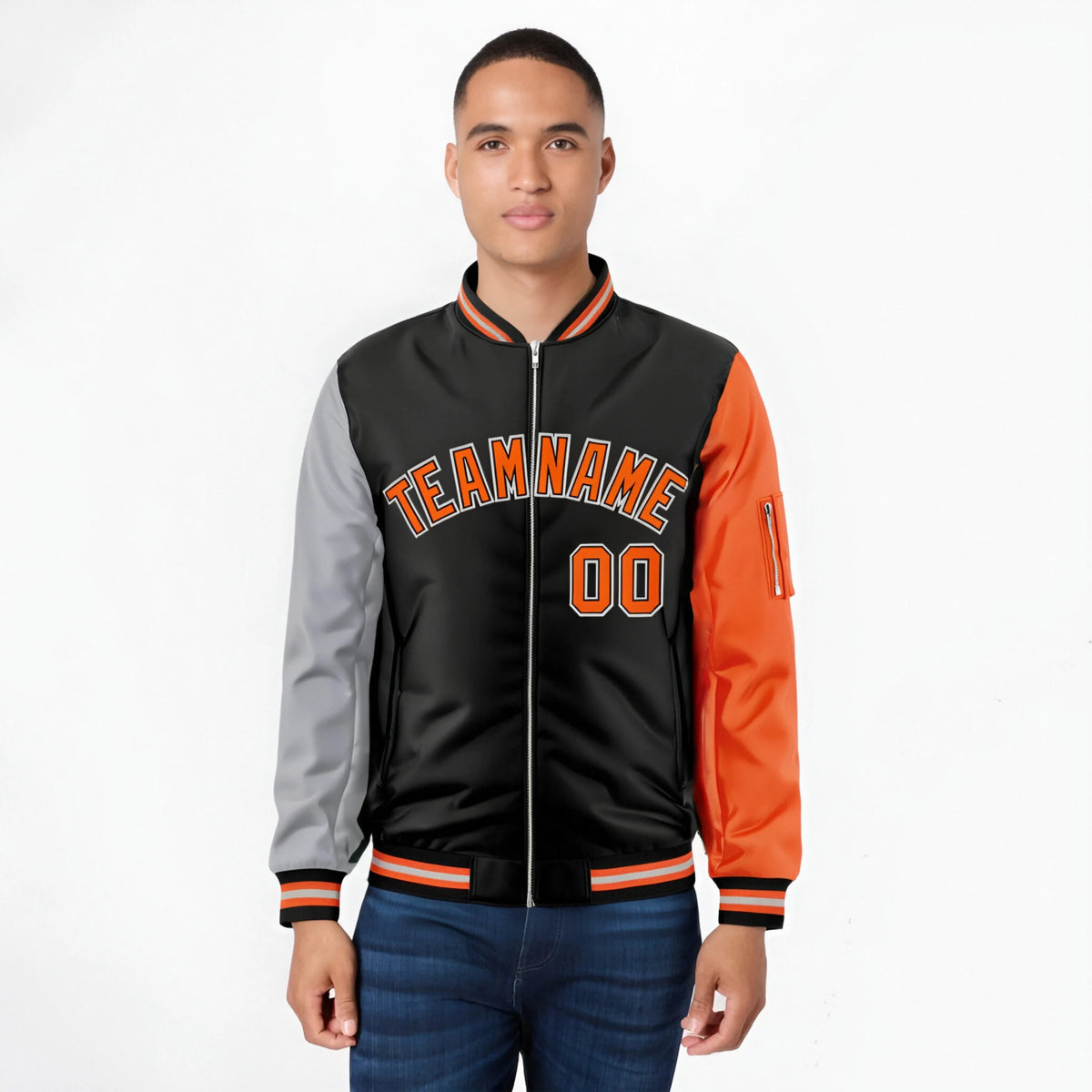 Custom Black Orange-Gray Varsity Full-Zip Raglan Sleeves Letterman Bomber Jacket